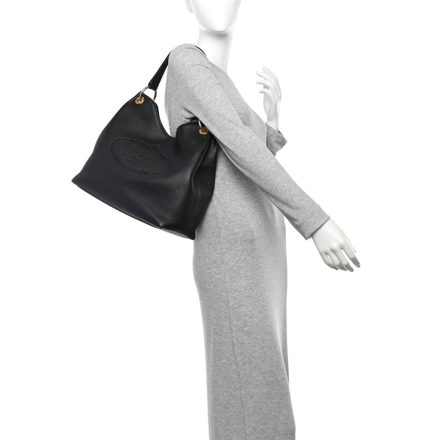 Prada Vitello Phenix Embossed Logo Hobo Black 2 of 10