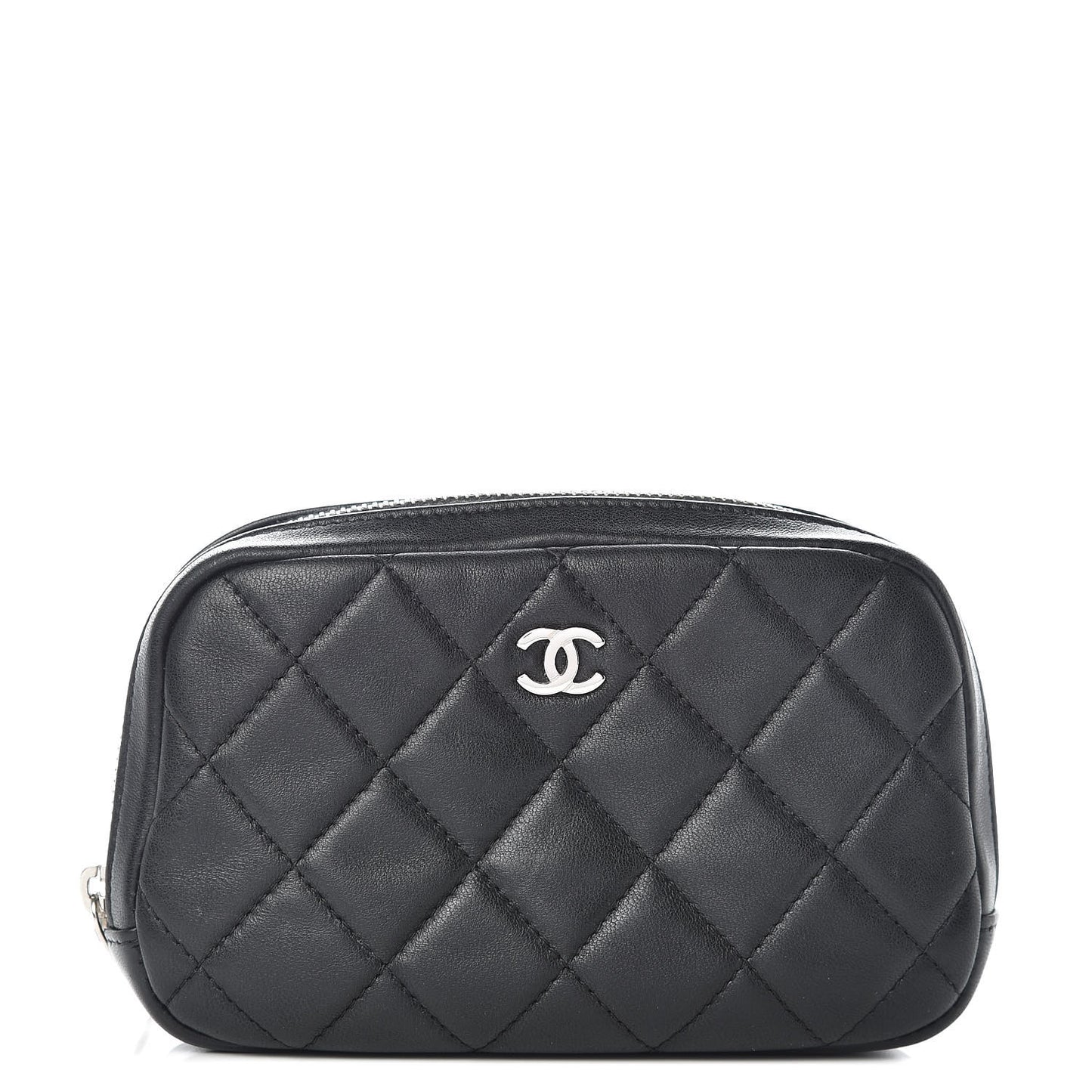 Lambskin Quilted Small Curvy Pouch Cosmetic Case Black