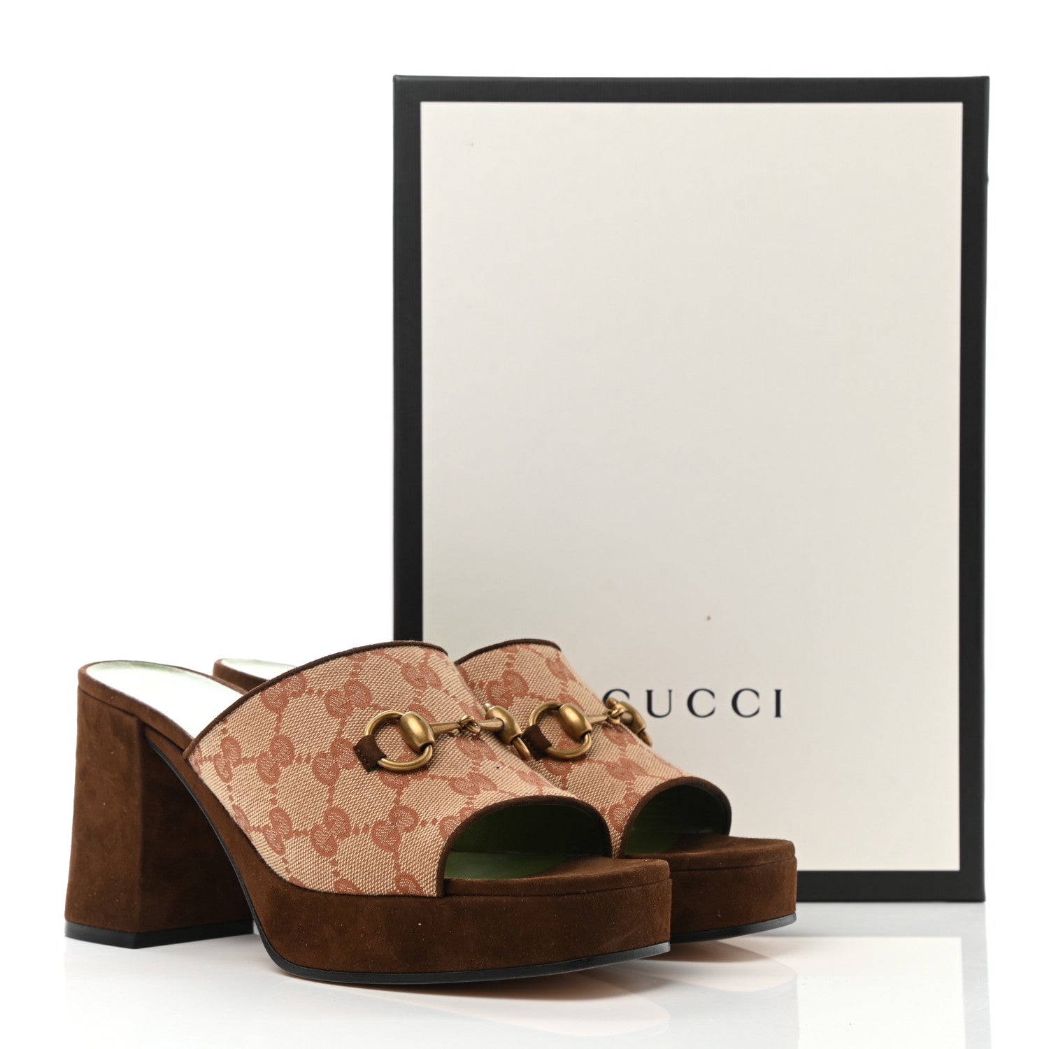 Gucci GG Monogram Kid Scamosciato Houdan Mid Heel Platform Slide Sandals 38.5 Beige Ruggine Maroon 8 of 8