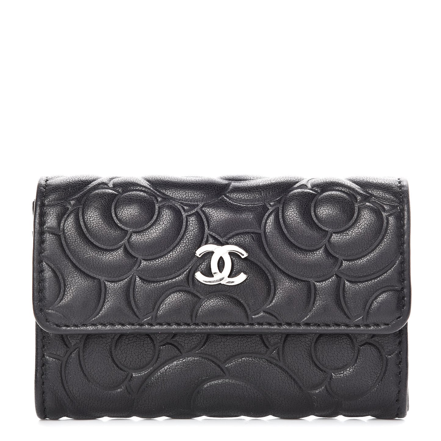 Goatskin Camellia Embossed Flap Card Holder Black