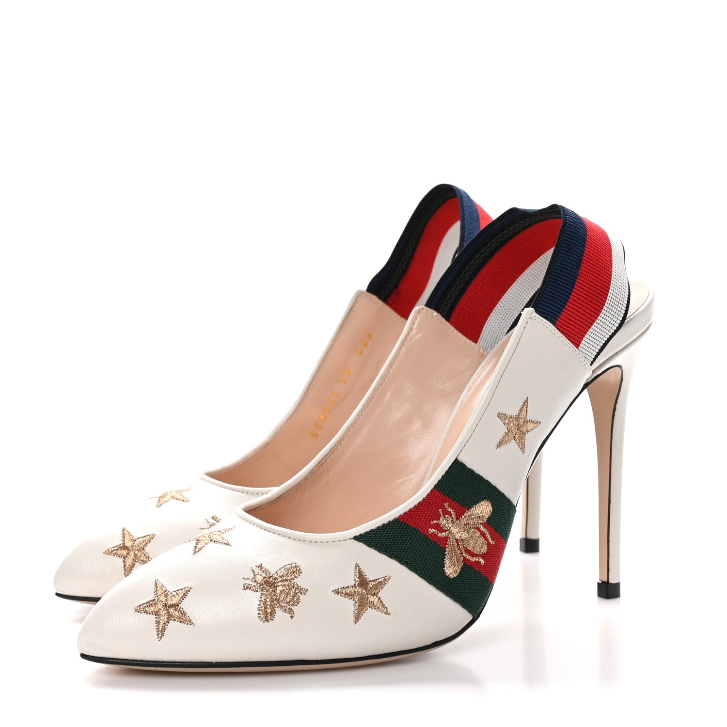 Gucci Malaga Kid Web Bee Star Embroidered Sylvie High Heel Slingback Pumps 39 White 3 of 9
