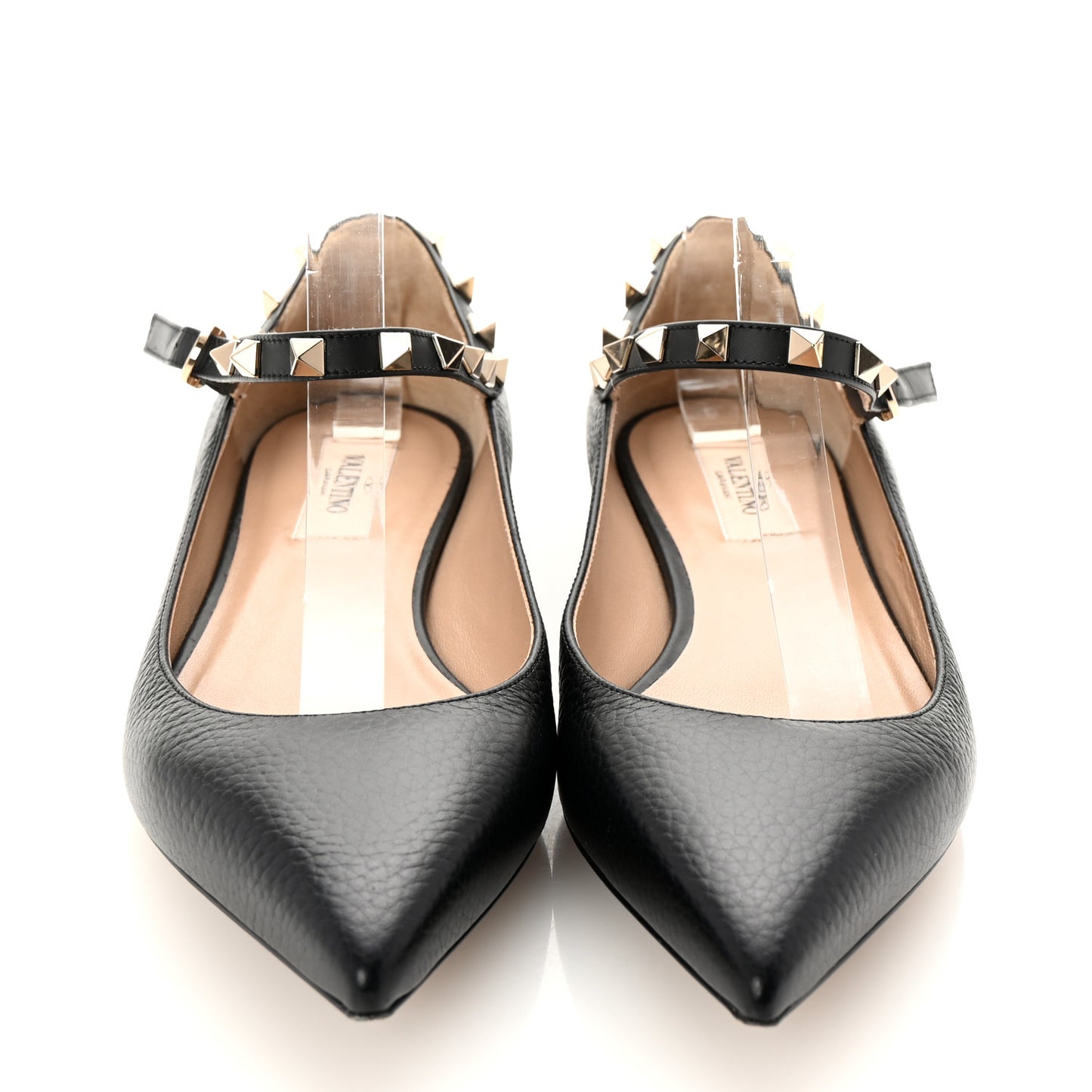 Pebbled Calfskin Rockstud Ankle Strap Ballerina Flats 38 Black