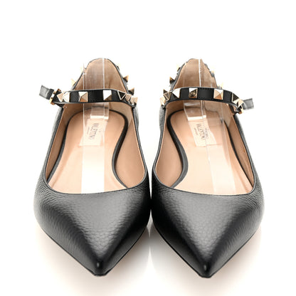 Valentino Garavani Pebbled Calfskin Rockstud Ankle Strap Ballerina Flats 38 Black 3 of 10