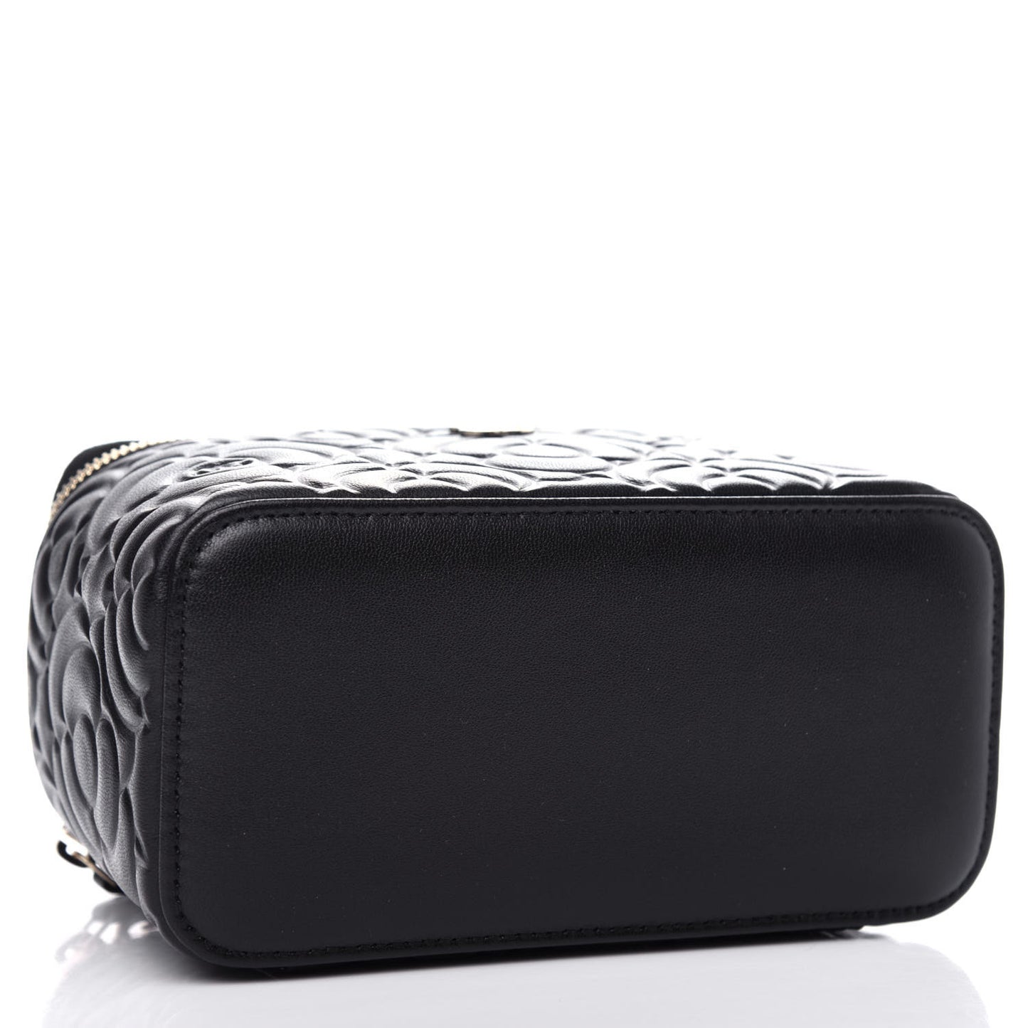 Goatskin Camellia Embossed Quilted Small Vanity Case With Chain Black