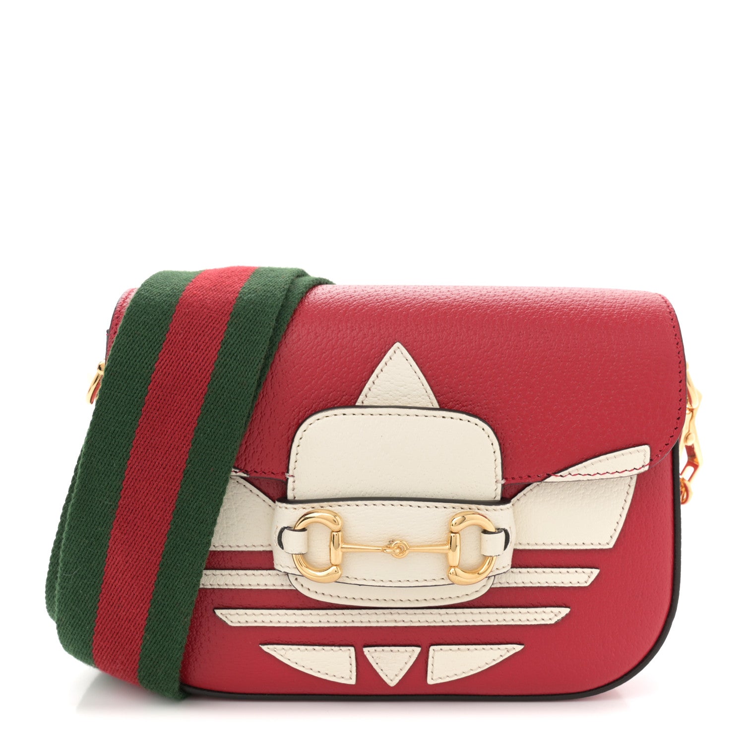 Gucci X ADIDAS Textured Dollar Calfskin Web Trefoil Mini Horsebit 1955 Shoulder Bag Hibiscus Red Off White 1 of 11