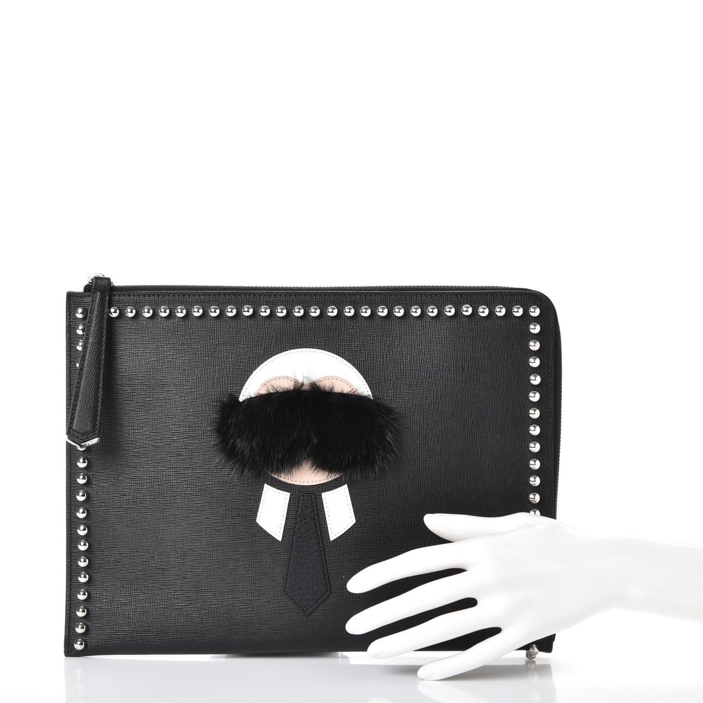 Vitello Elite Mink Fur Studded Karlito Zip Around Pouch Black