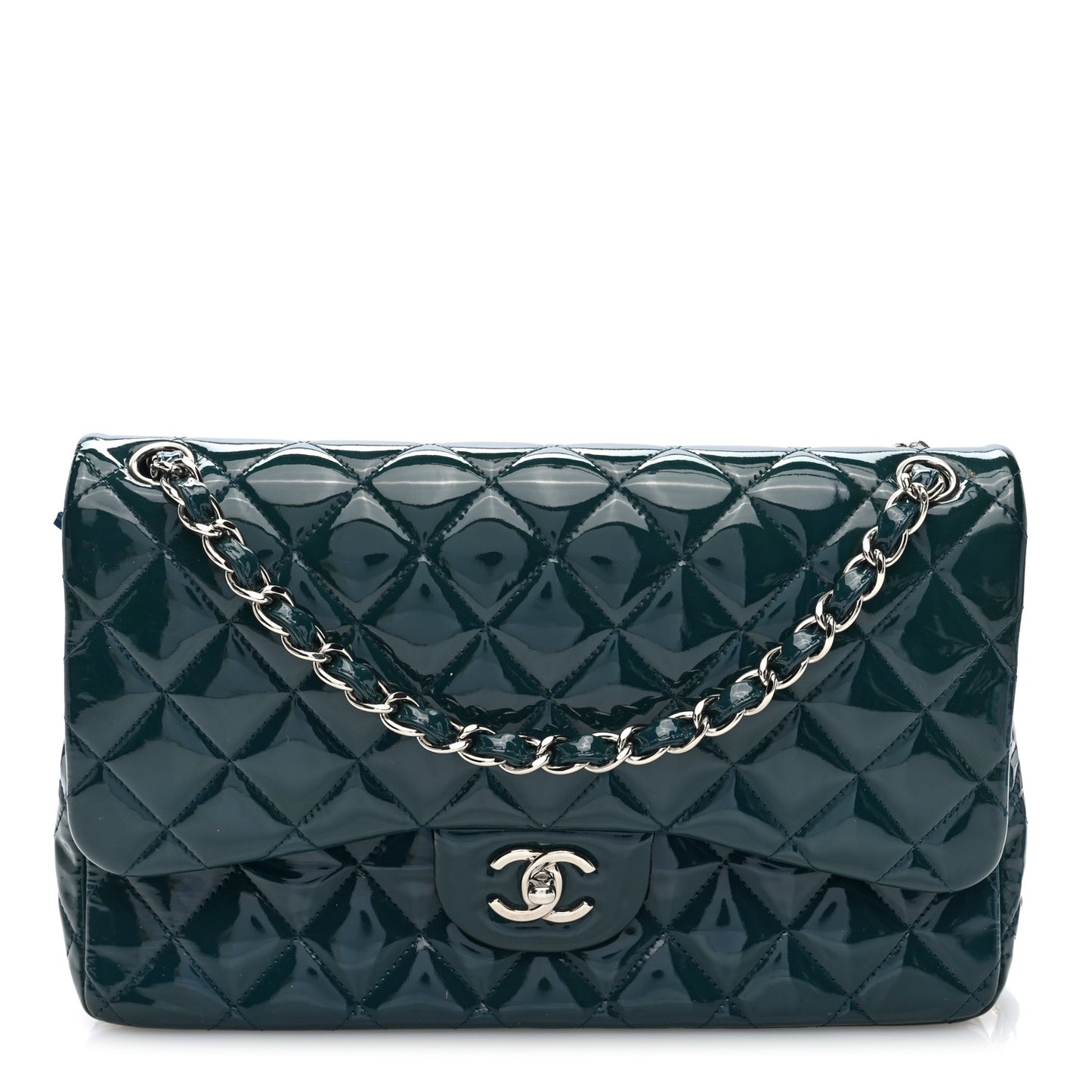 Patent Calfskin Quilted Jumbo Double Flap Turquoise
