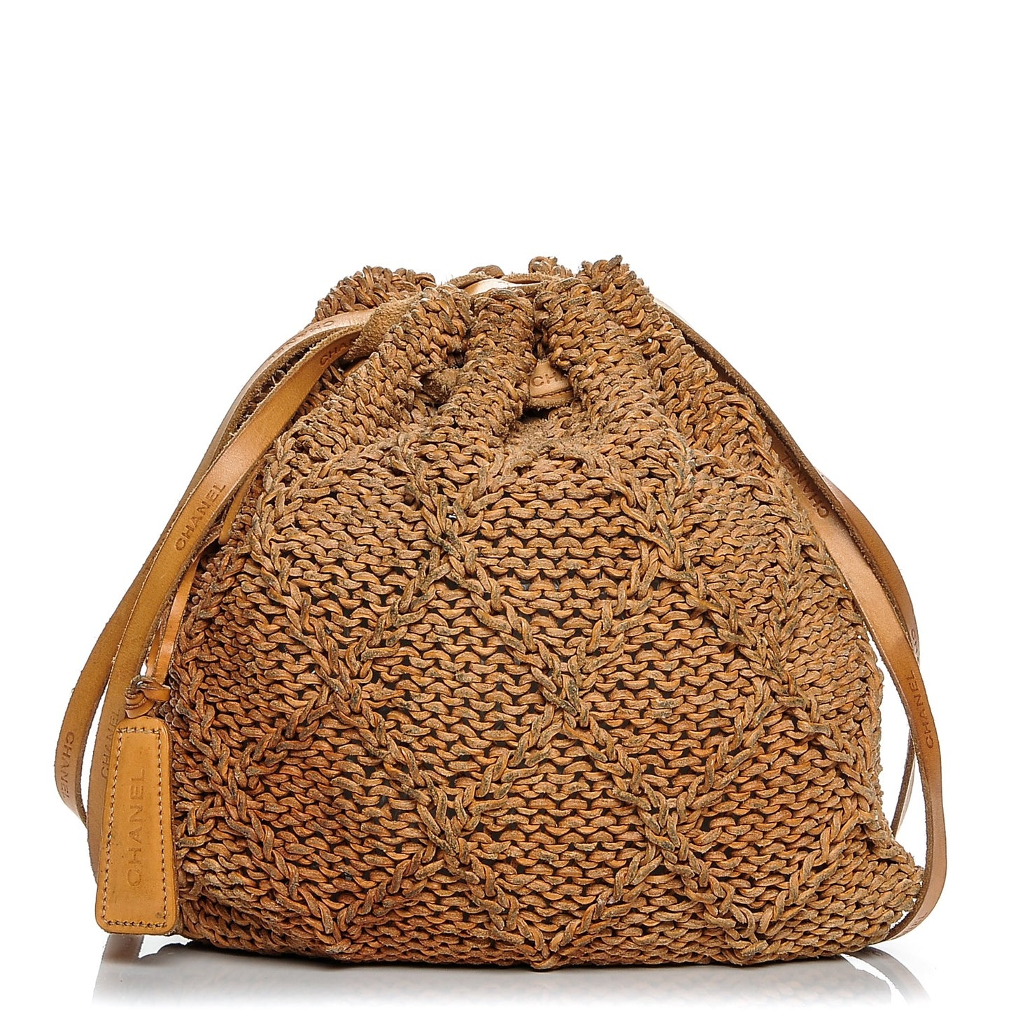 Calfskin Woven Drawstring Bag Brown