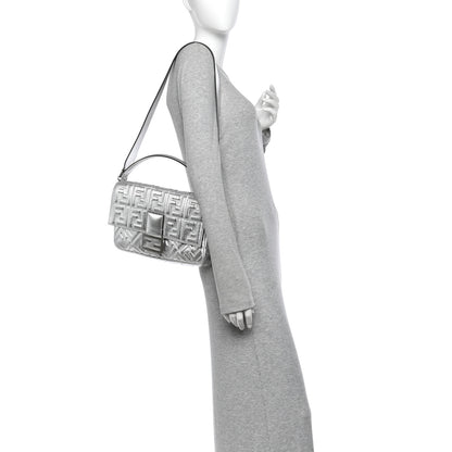 Fendi Vitello Catalan Mirror FF 1974 Embossed Large Baguette Argento 2 of 9