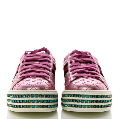 Gucci Laminated Nappa Crystal Web Bee Embroidered Trapuntata Womens Ace Platform Sneakers 39 Rosa 2 of 9