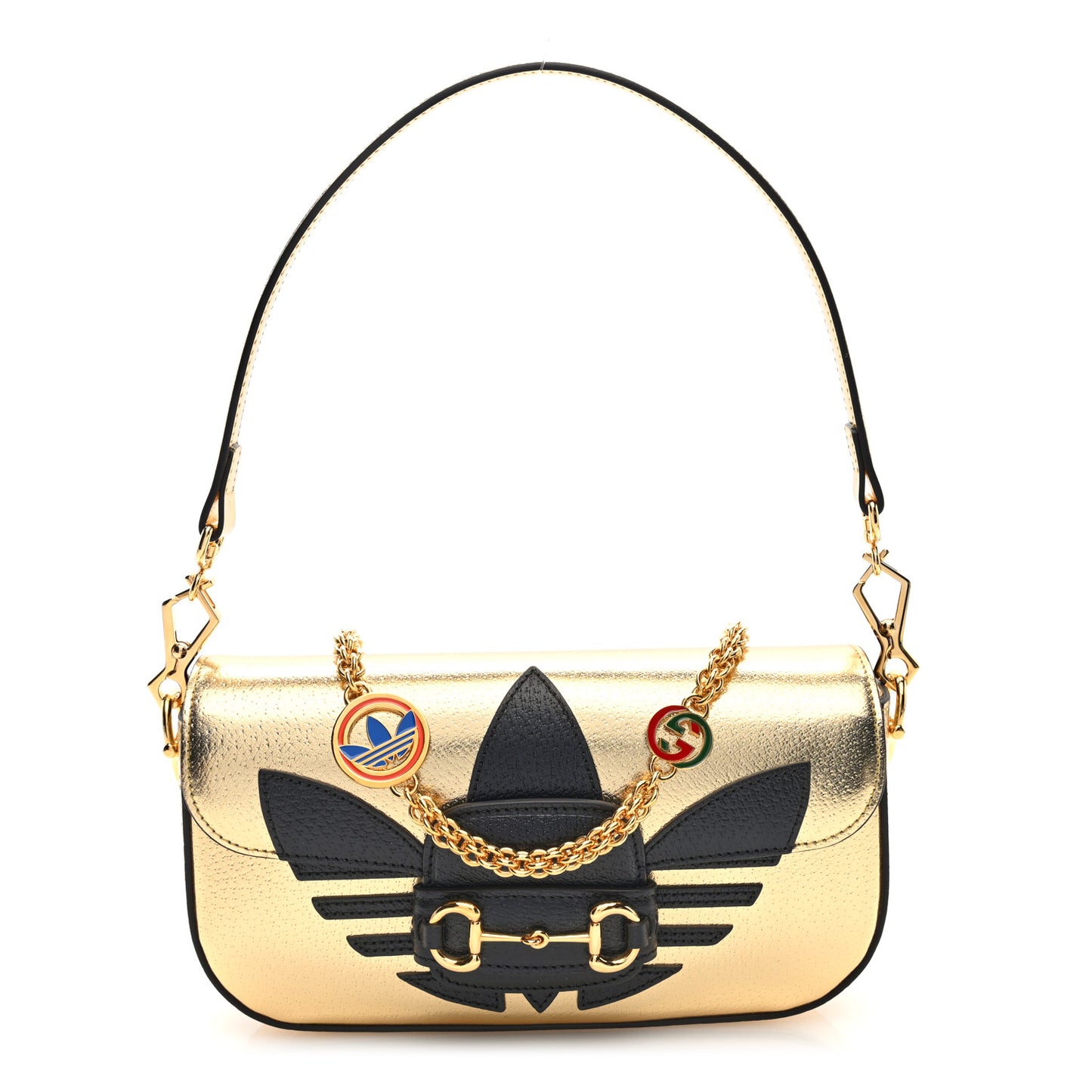 X ADIDAS Textured Dollar Calfskin Web Trefoil Horsebit 1955 Shoulder Bag King Gold Black