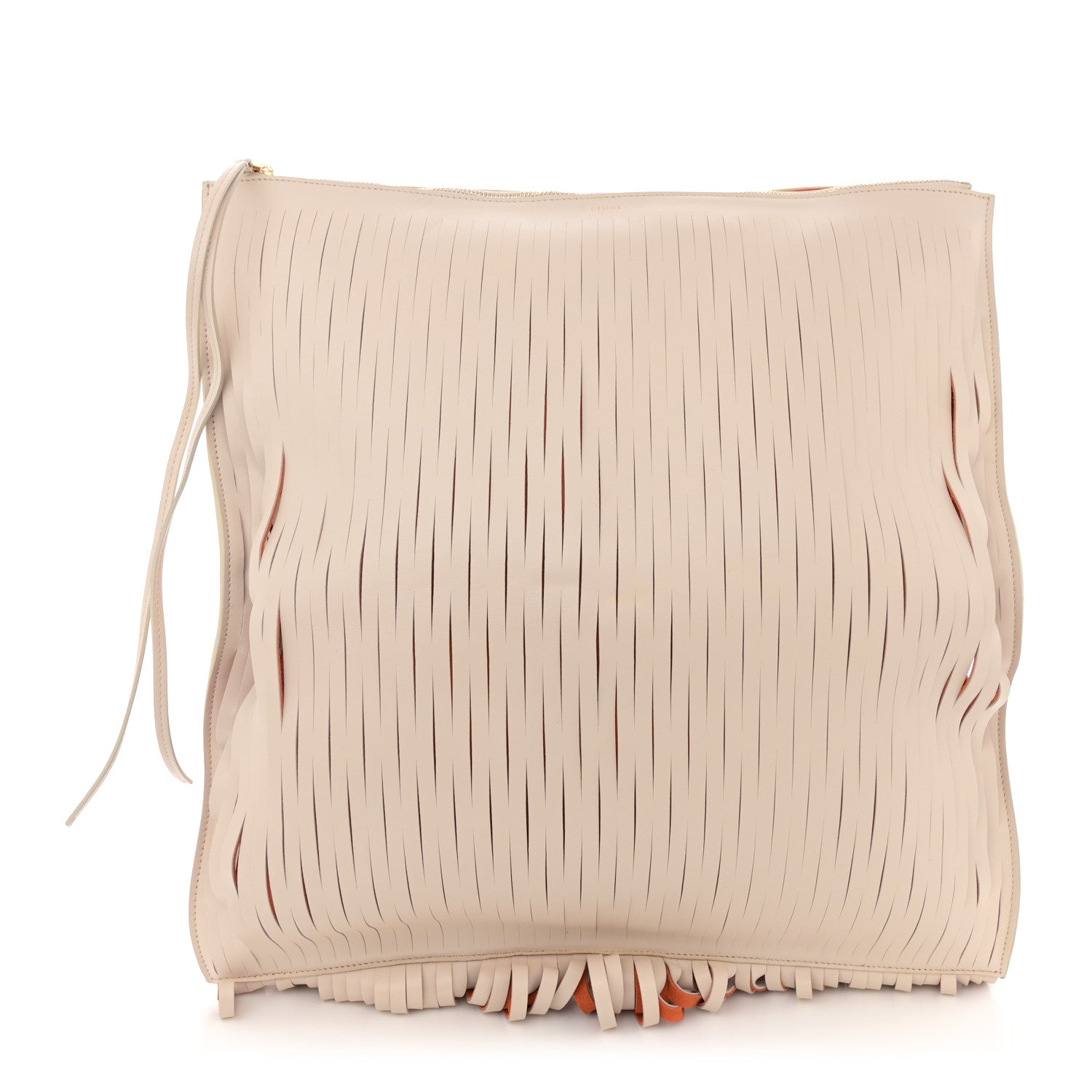 Celine Calfskin Laser Cut Fringe Foldover Clutch White Orange 1 of 15