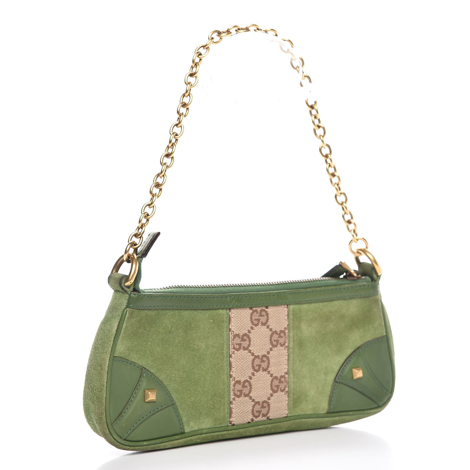 Gucci Suede Monogram Horsebit Nail Chain Pochette Green 3 of 11
