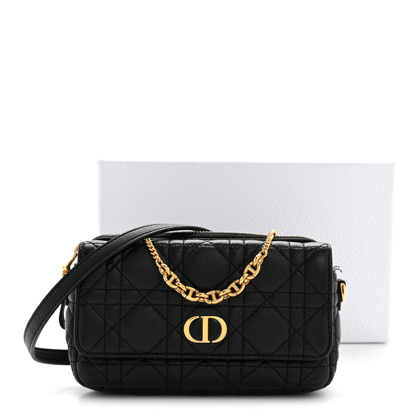 Supple Calfskin Cannage Caro Pouch With Chain  Black