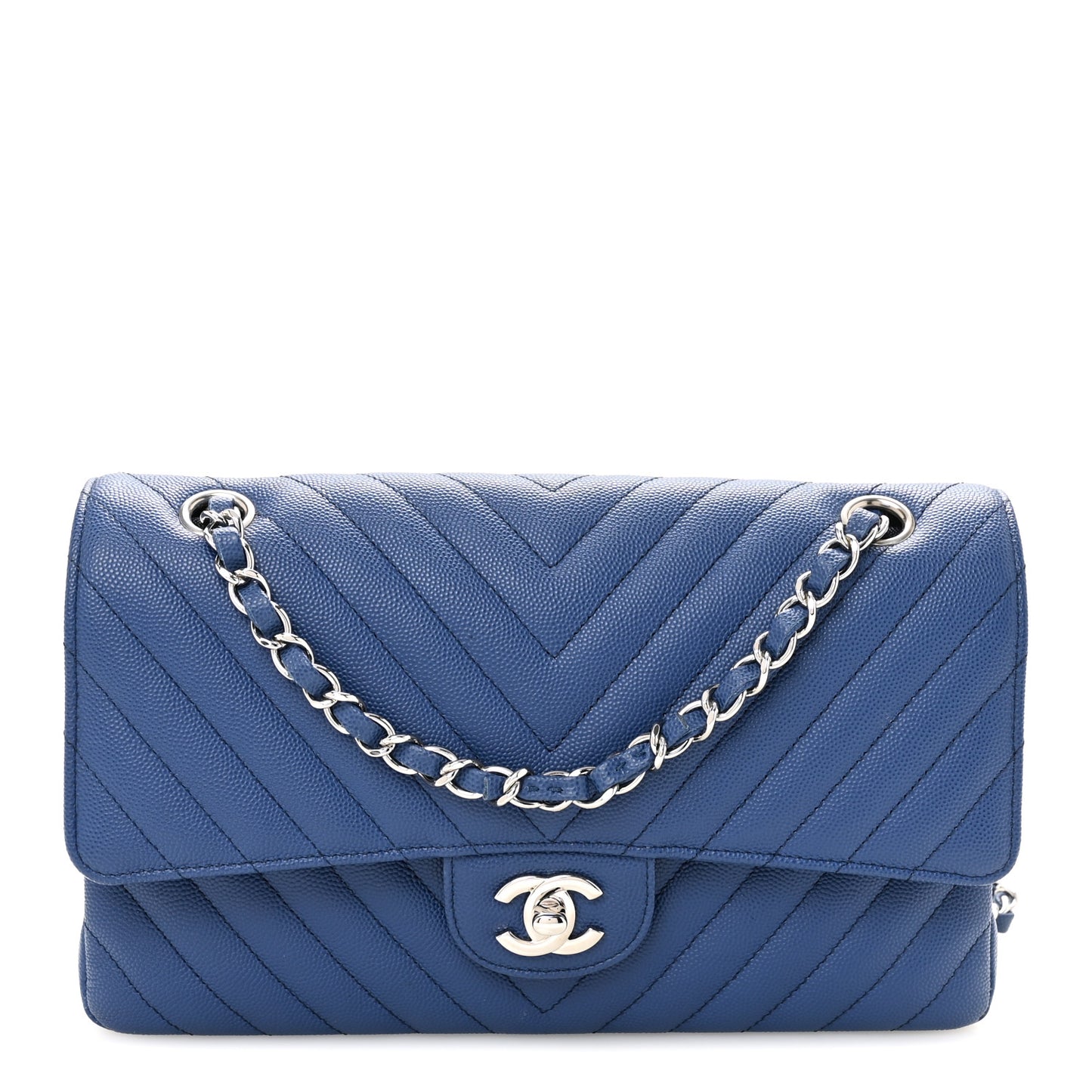 Caviar Chevron Quilted Medium Double Flap Blue