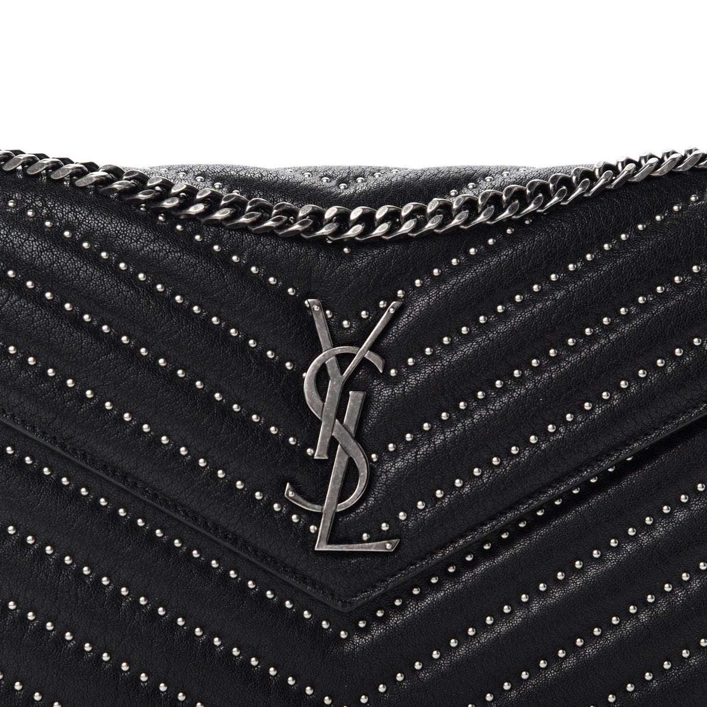 Sheepskin Matelasse Chevron Studded Monogram Chain Wallet Black
