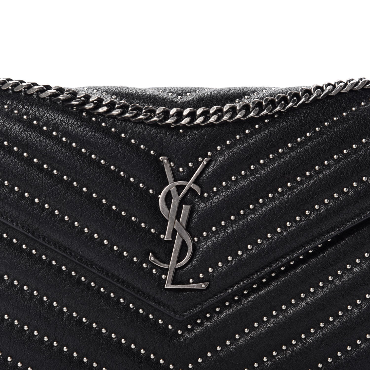 Saint Laurent Sheepskin Matelasse Chevron Studded Monogram Chain Wallet Black 10 of 10