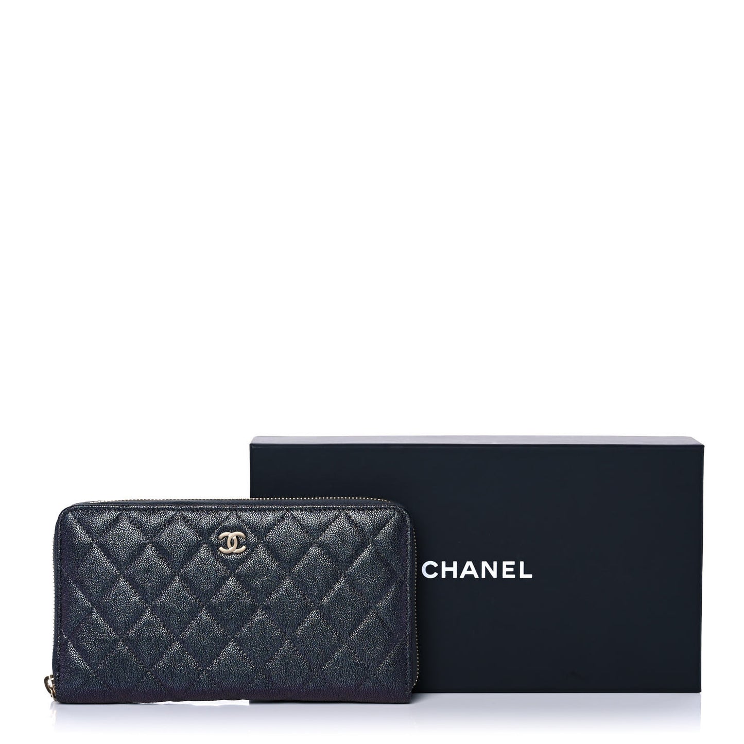 Iridescent Caviar Quilted Long Zip Around Wallet Black