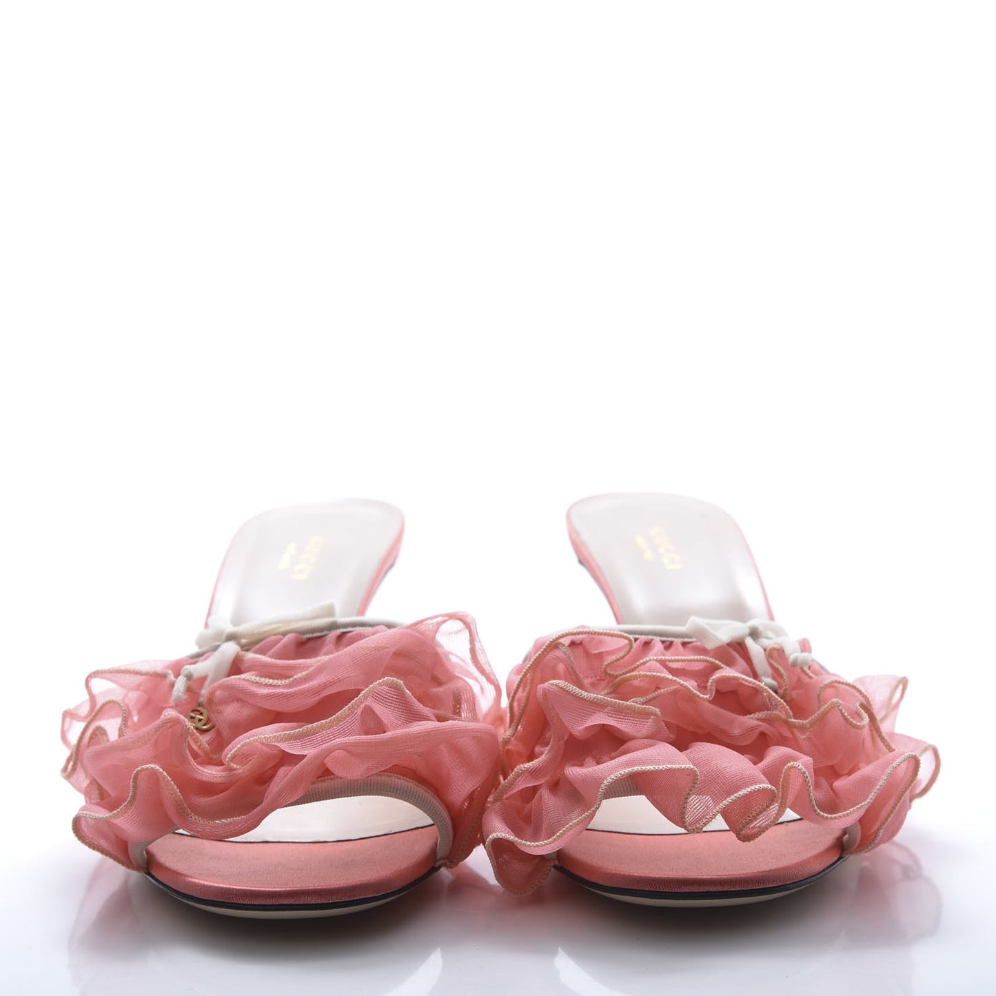 Tulle Ruffle Low Heel Slide Sandals 39.5 Peach White