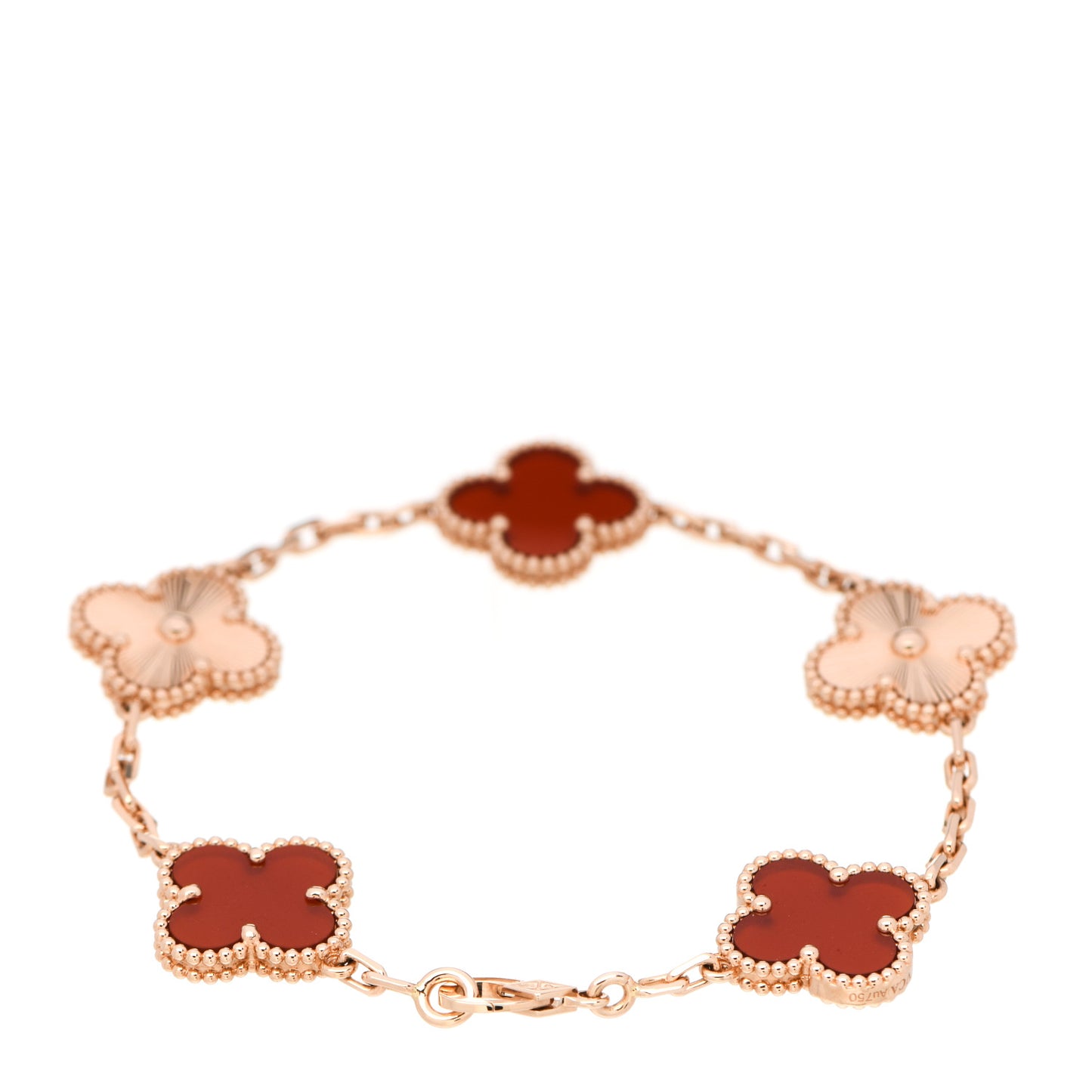 18K Rose Gold Carnelian 5 Motifs Guilloche Vintage Alhambra Bracelet