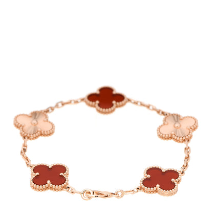 Van Cleef & Arpels 18K Rose Gold Carnelian 5 Motifs Guilloche Vintage Alhambra Bracelet 2 of 5