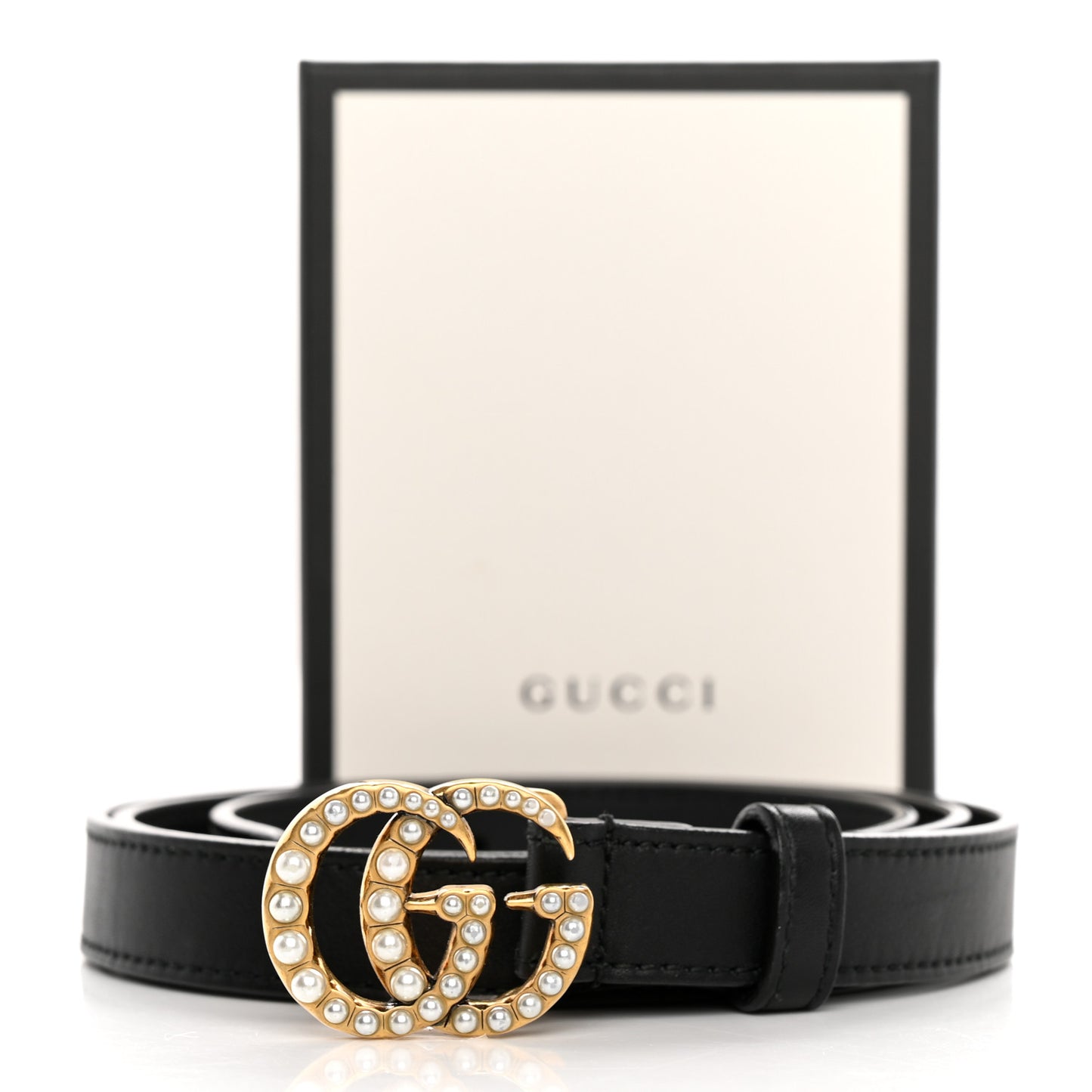 Calfskin Pearl Double G 20mm Belt 90 36 Black Cream