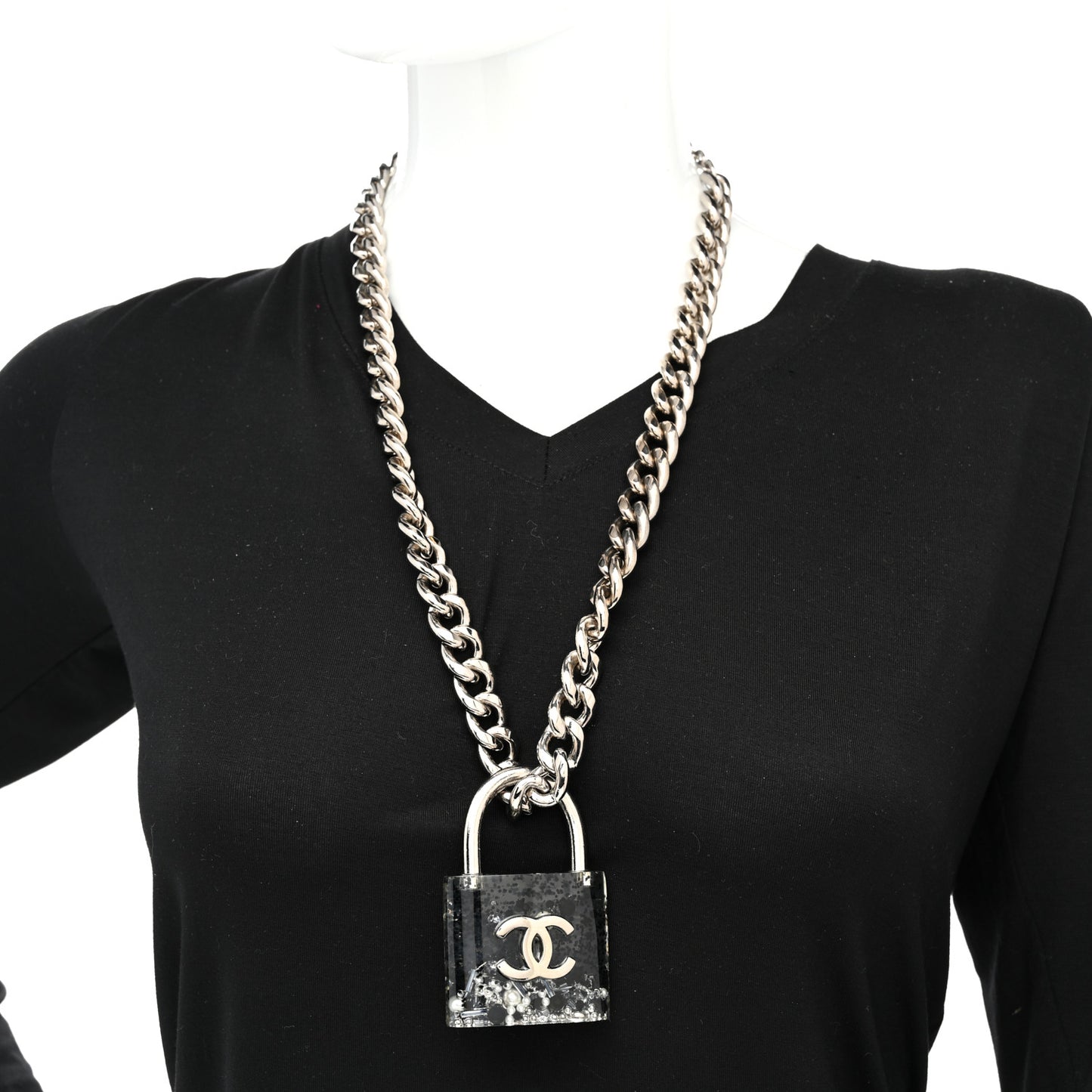 Resin CC Oversized Padlock Chain Necklace Silver Pearly White