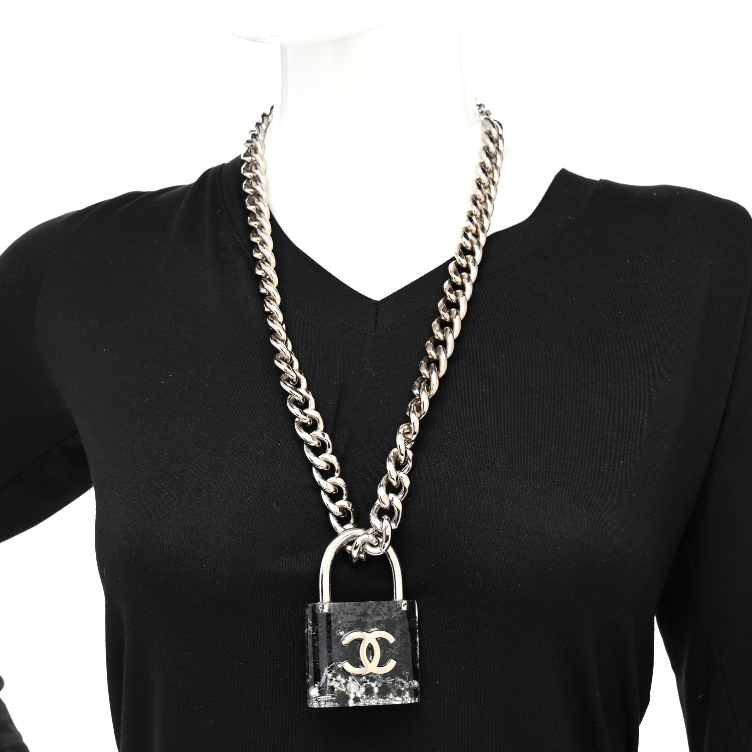 Chanel Resin CC Oversized Padlock Chain Necklace Silver Pearly White 2 of 7