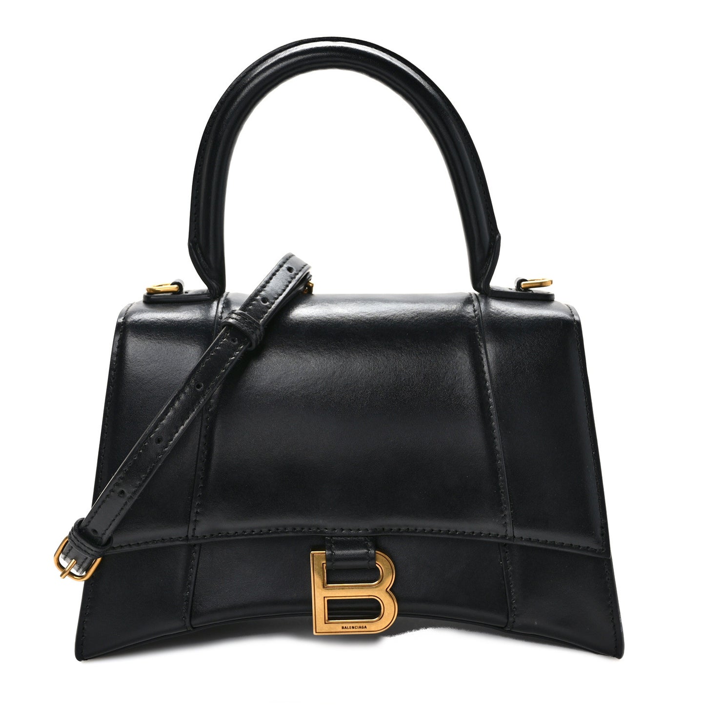 Shiny Box Calfskin Small Hourglass Top Handle Bag Black
