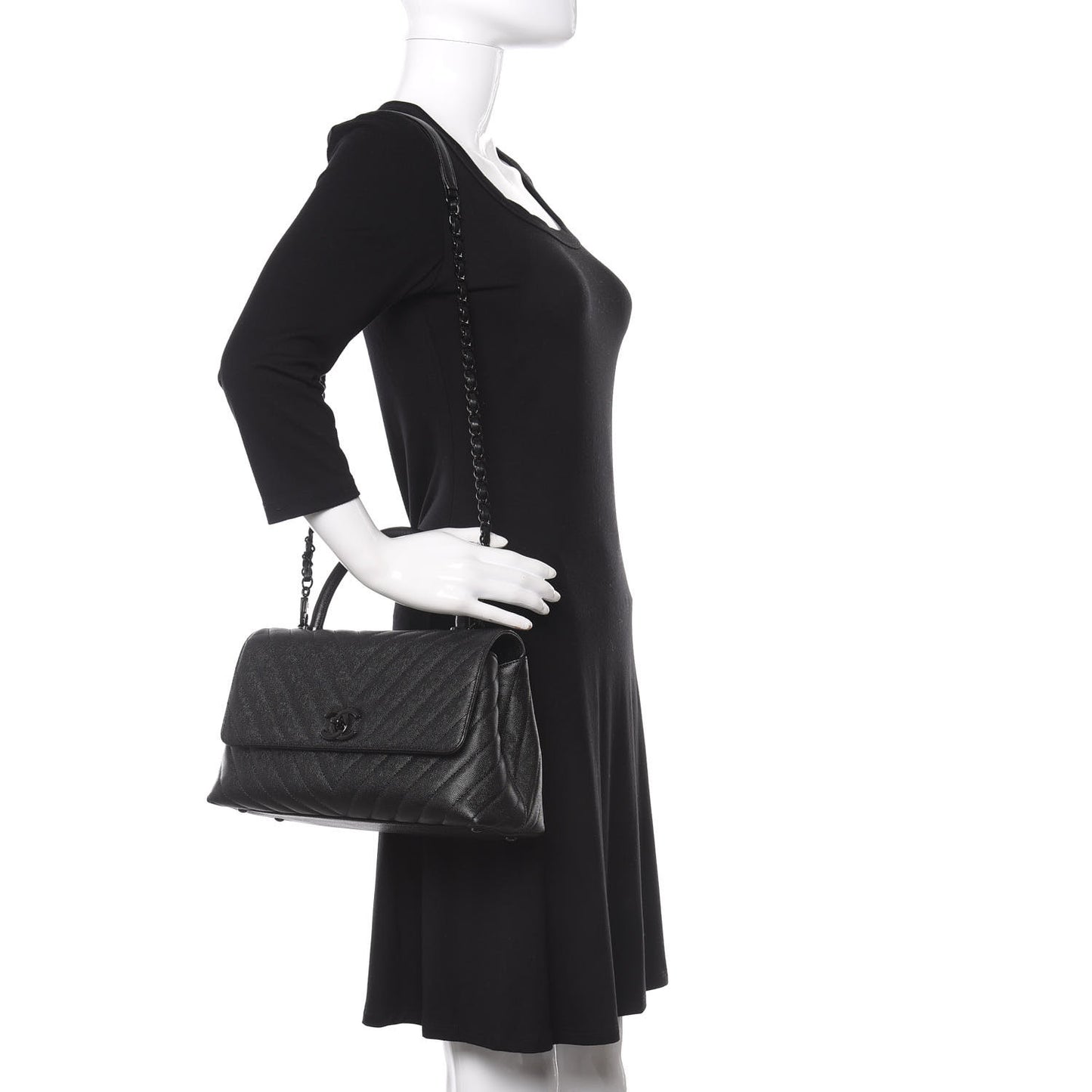 Caviar Chevron Quilted Small Coco Handle Flap So Black