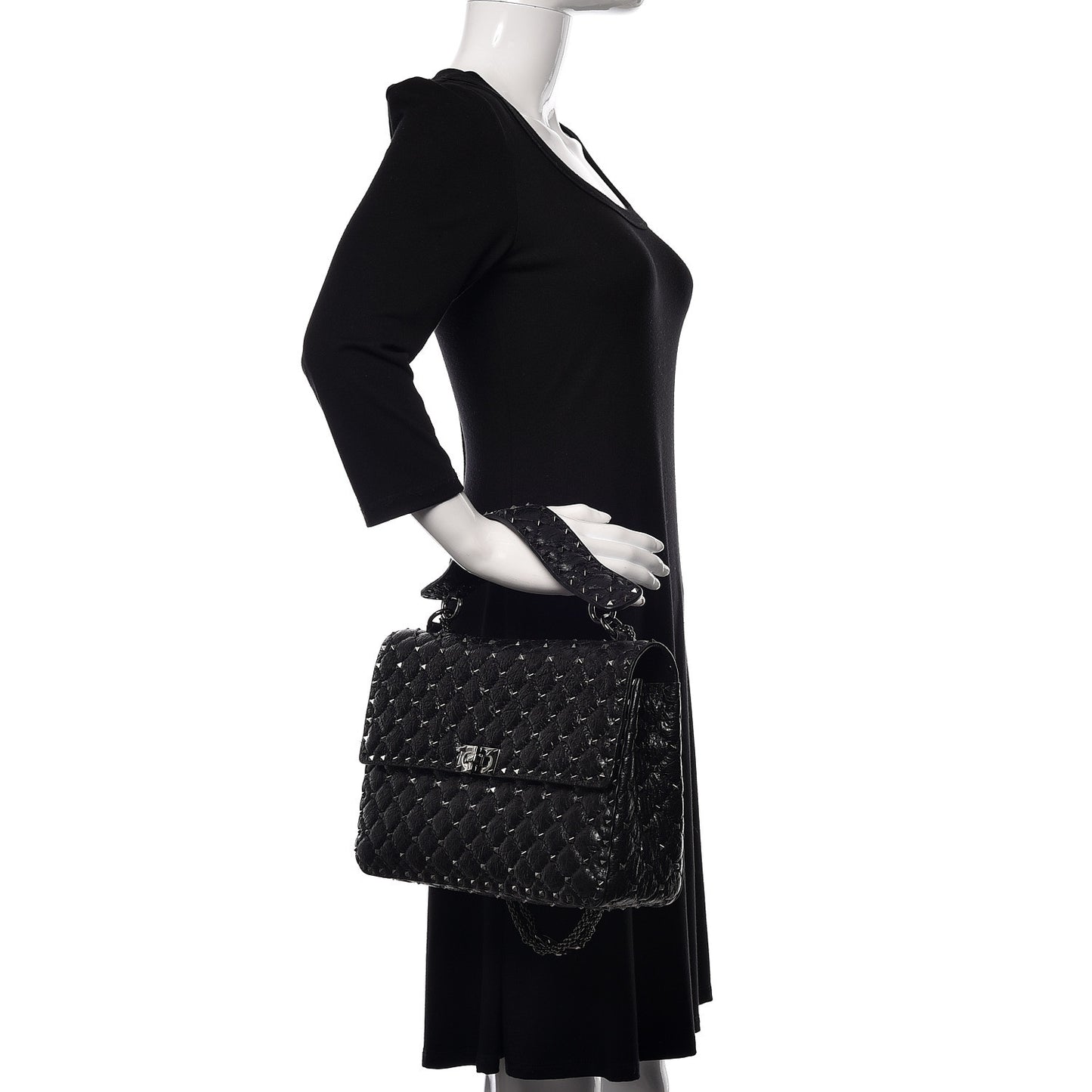 Craquele Nappa Large Rockstud Spike Shoulder Bag Black