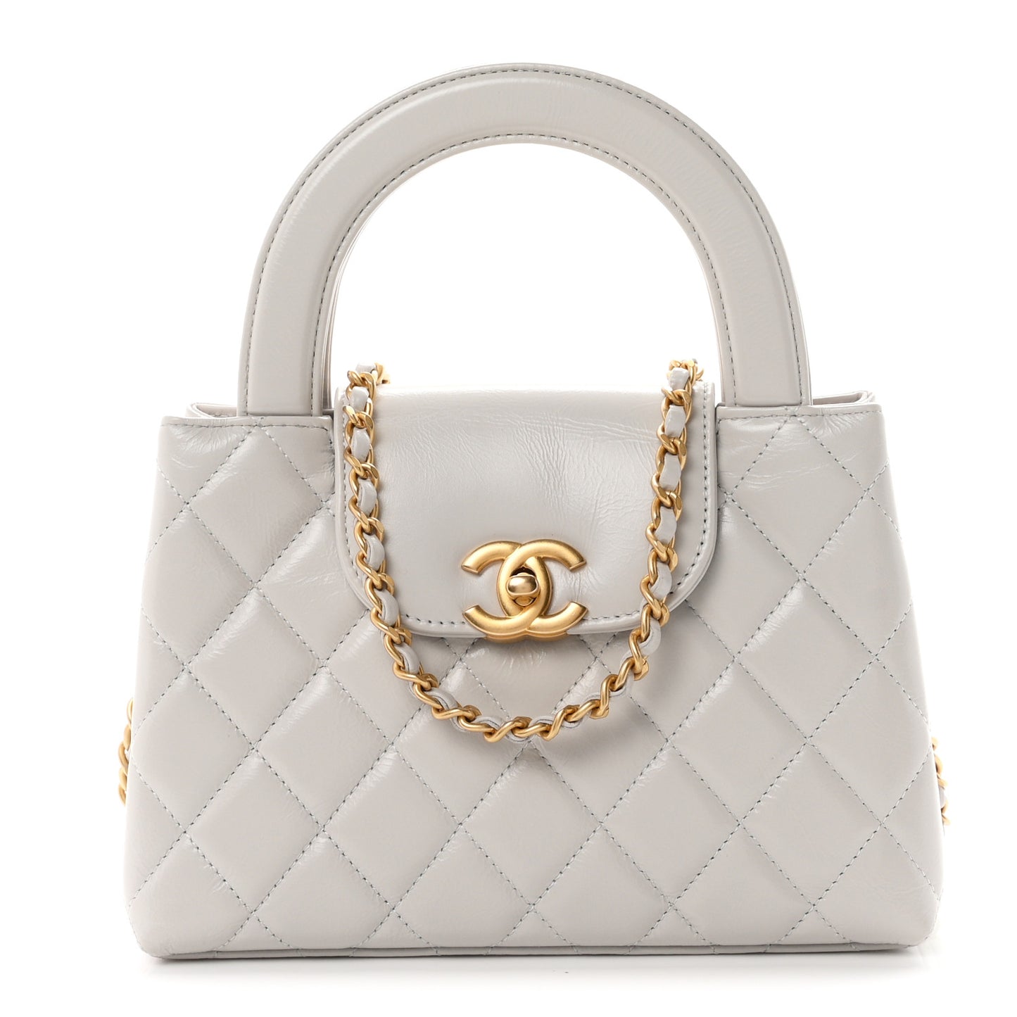 Shiny Aged Calfskin Quilted Nano Kelly Shopper Light Grey