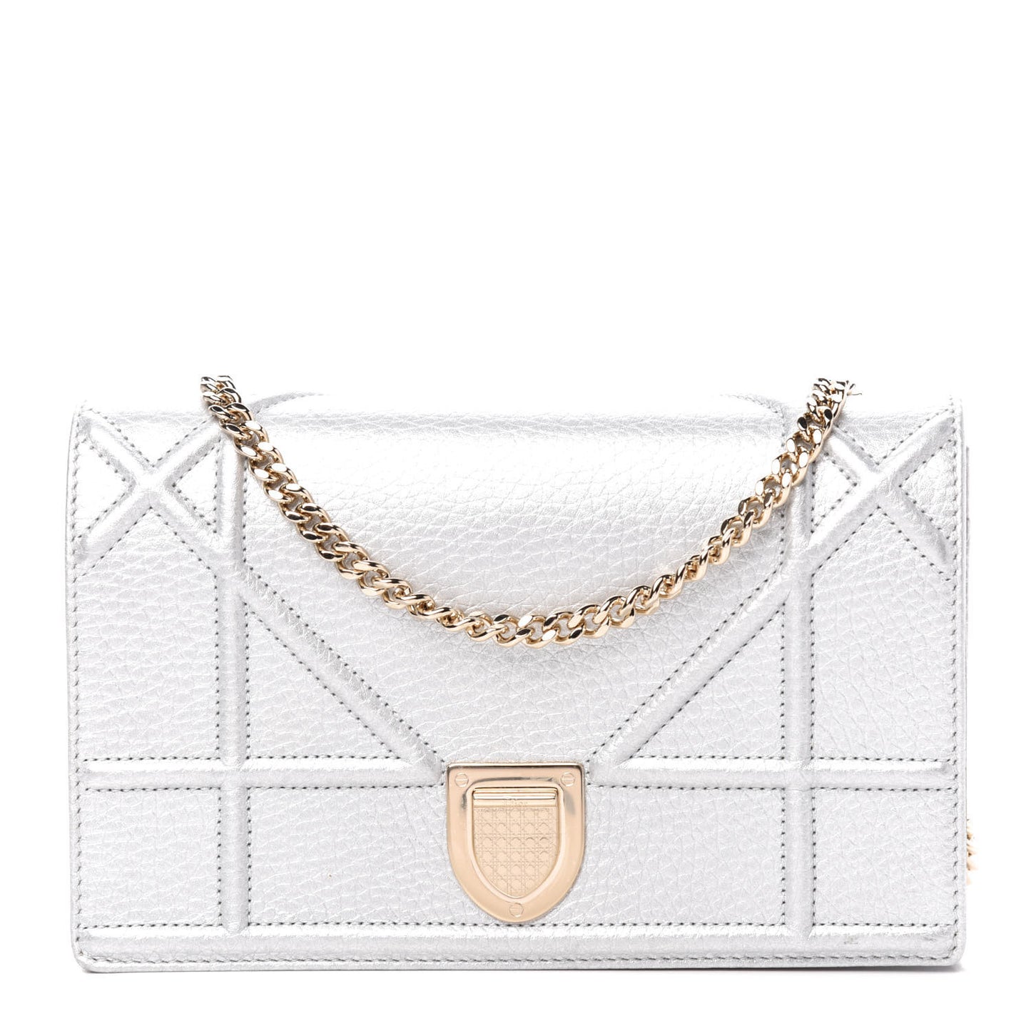 Metallic Grained Calfskin Diorama Wallet on Chain Pouch Silver
