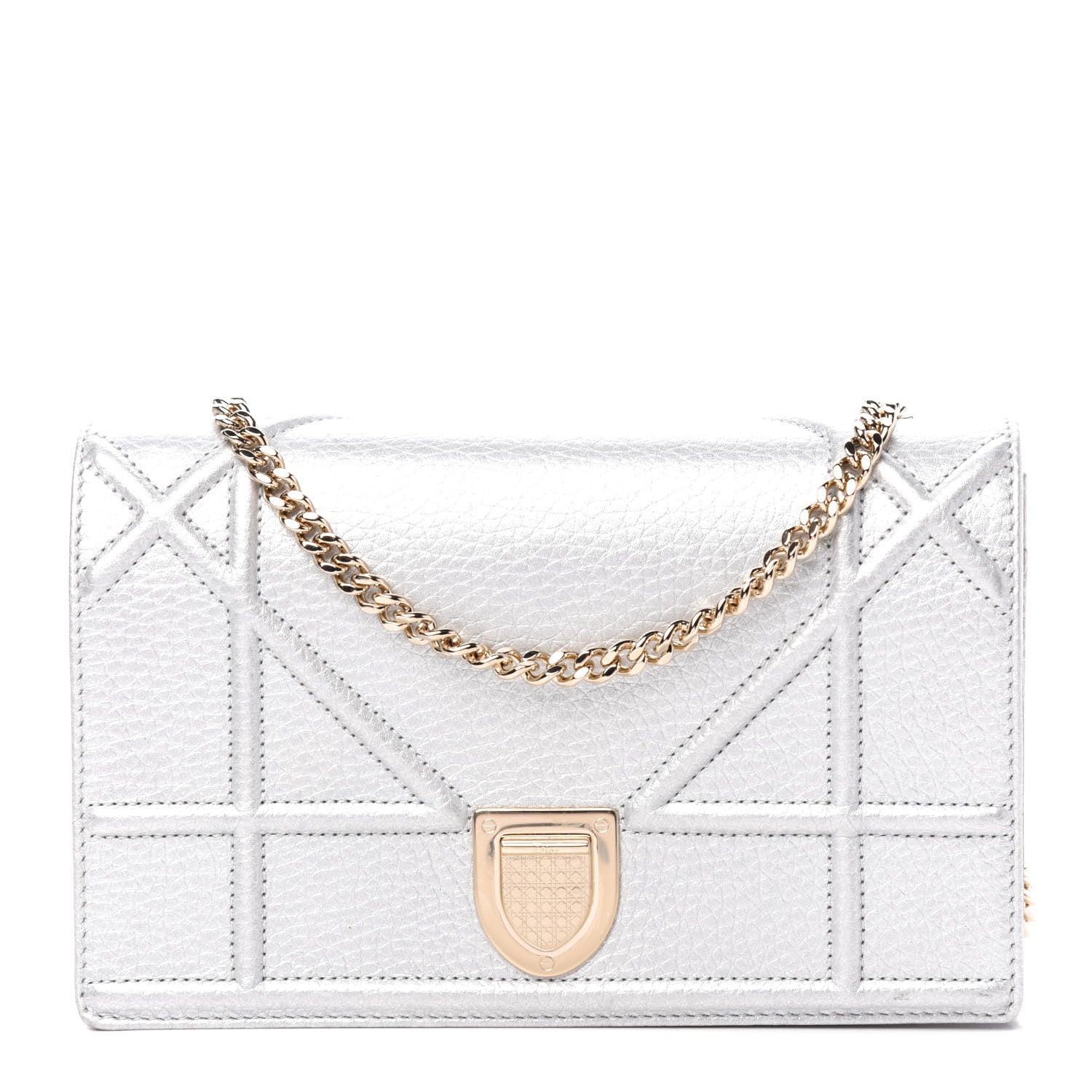 Christian Dior Metallic Grained Calfskin Diorama Wallet on Chain Pouch Silver 1 of 11
