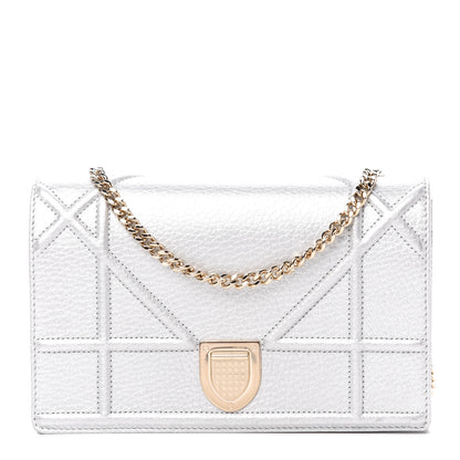 Christian Dior Metallic Grained Calfskin Diorama Wallet on Chain Pouch Silver 1 of 11