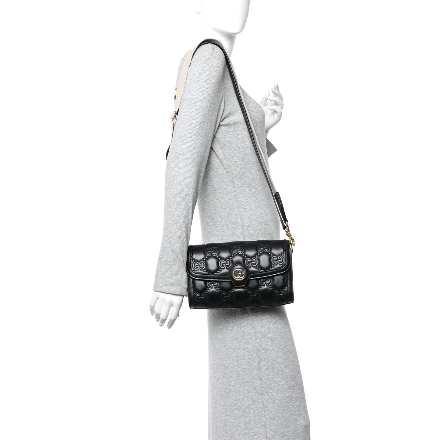Calfskin GG Matelasse Small Flap Shoulder Bag Black Natural