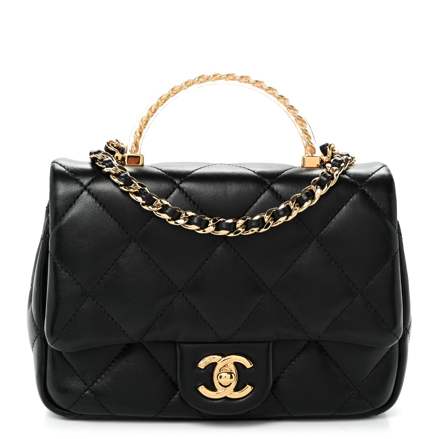 Lambskin Resin Quilted Top Handle Flap Black
