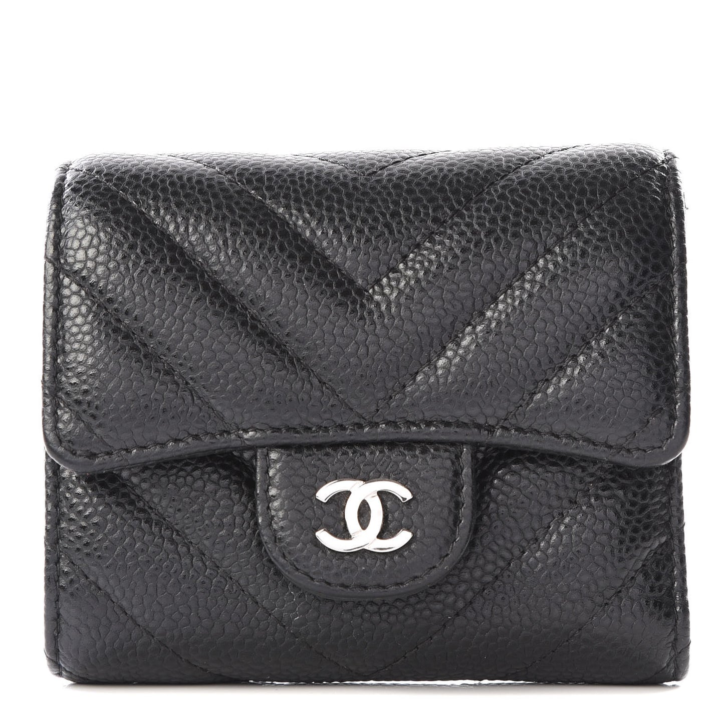 Caviar Chevron Quilted Compact Flap Wallet Black