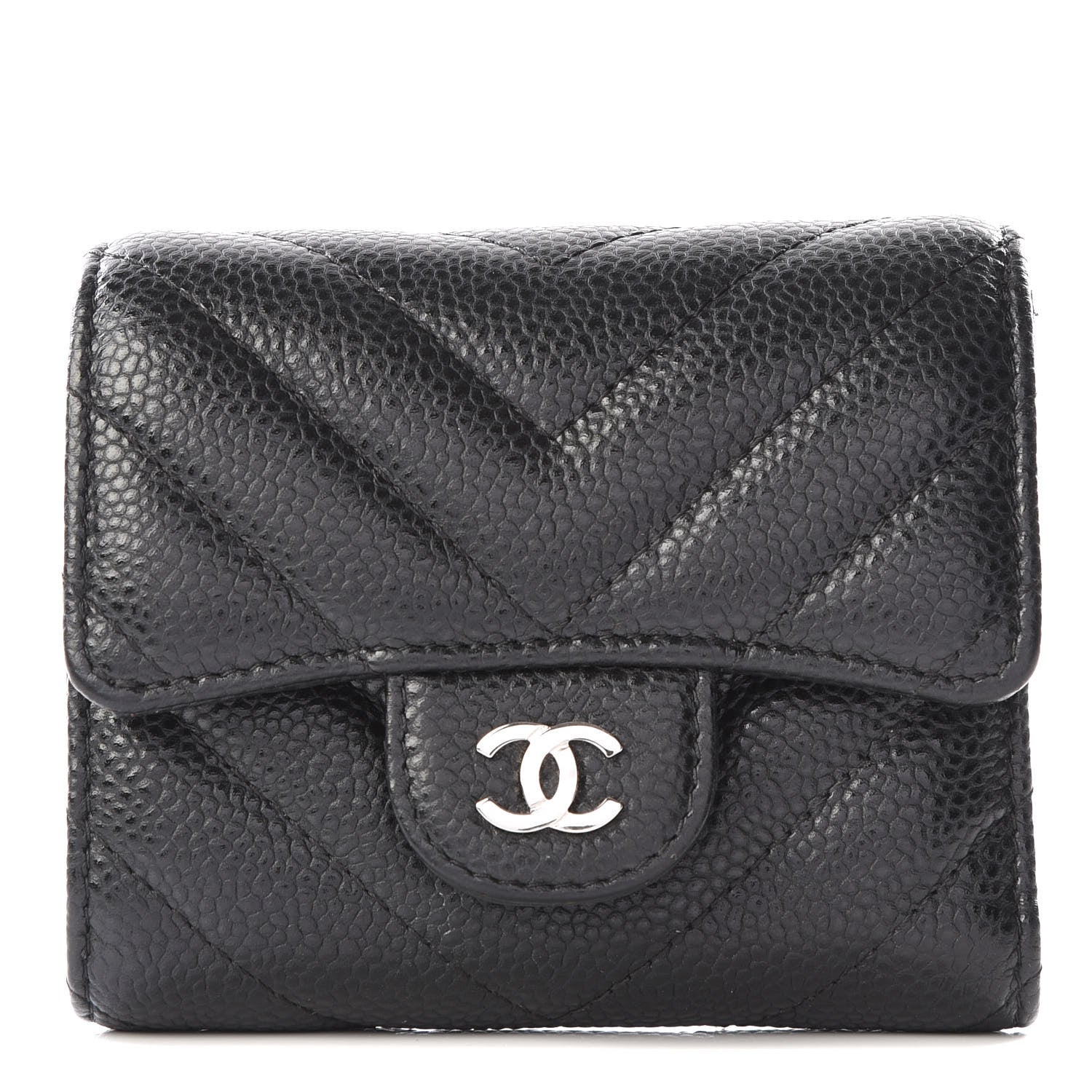 Chanel Caviar Chevron Quilted Compact Flap Wallet Black 1 of 10