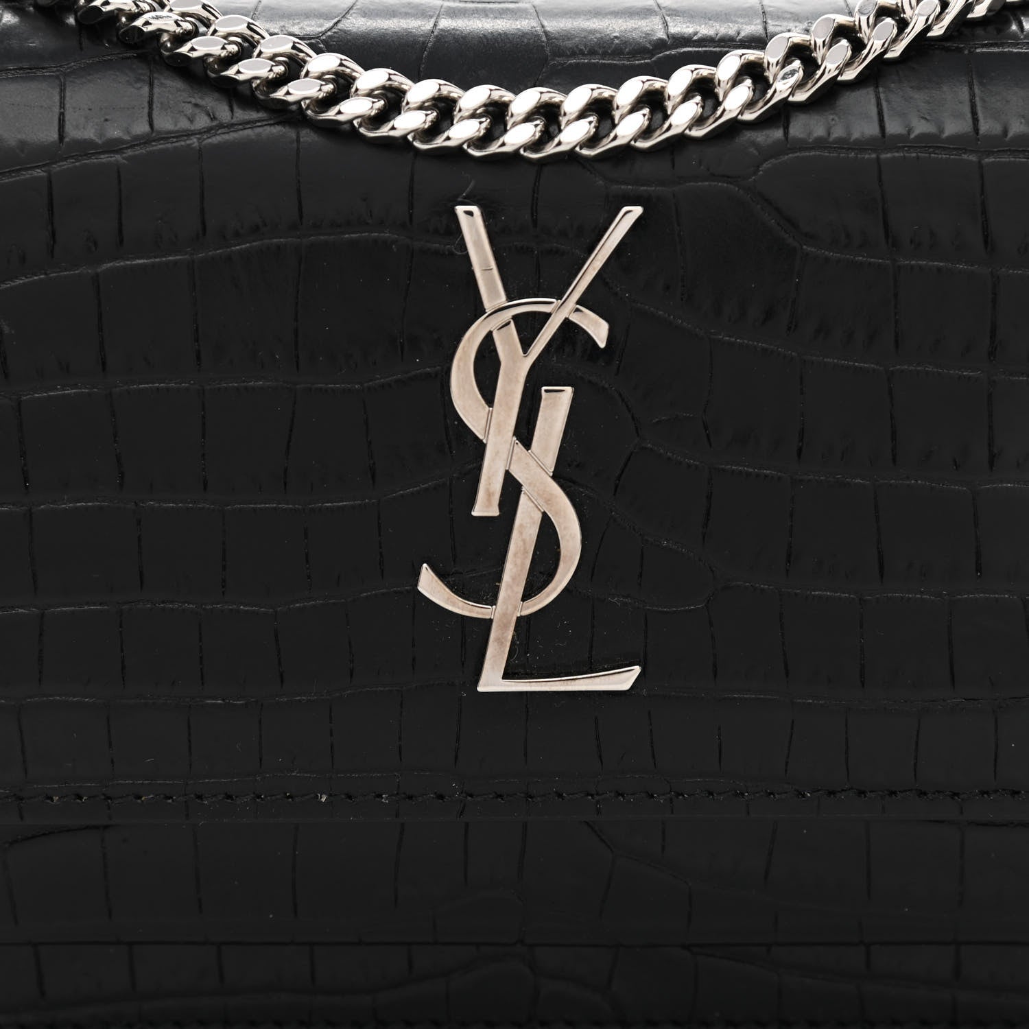 Saint Laurent Calfskin Crocodile Embossed Monogram Sunset Chain Wallet Black 7 of 10