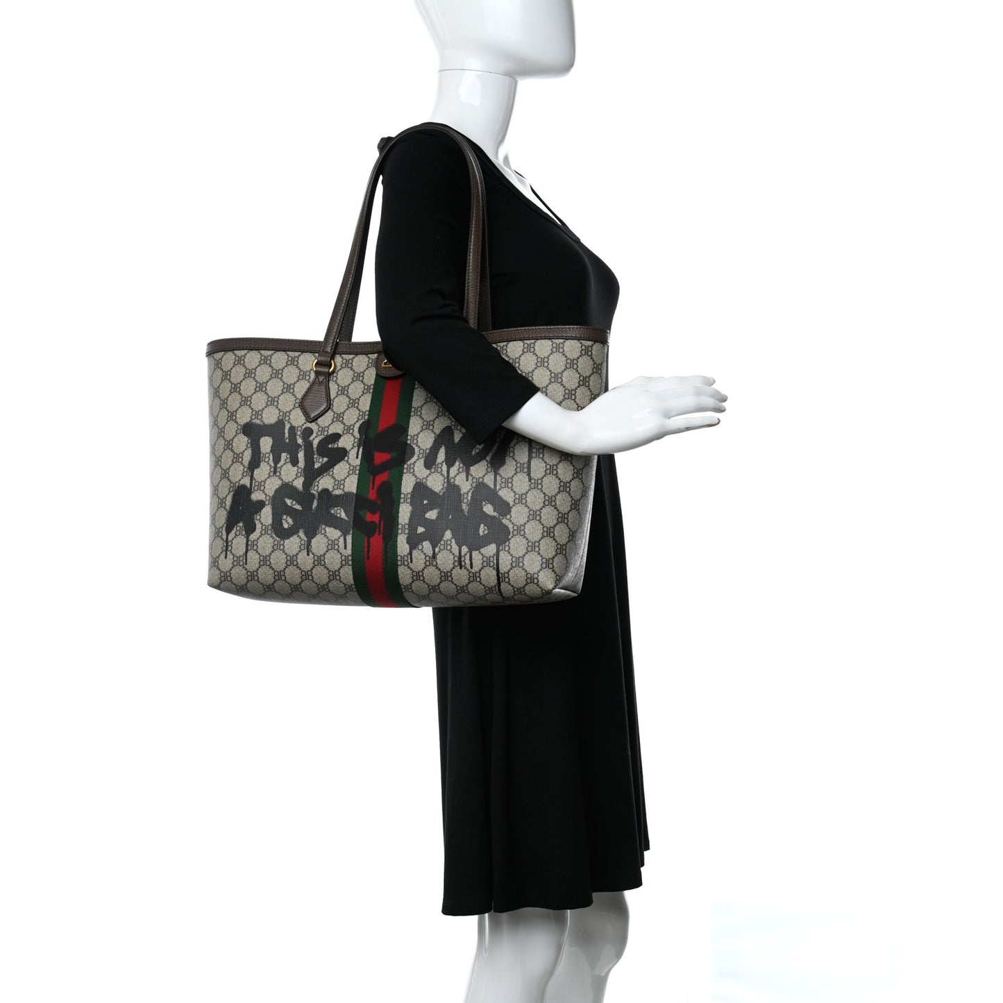 X BALENCIAGA BB Supreme Monogram Web Graffiti Medium Ophidia Shopping Tote Beige New Acero
