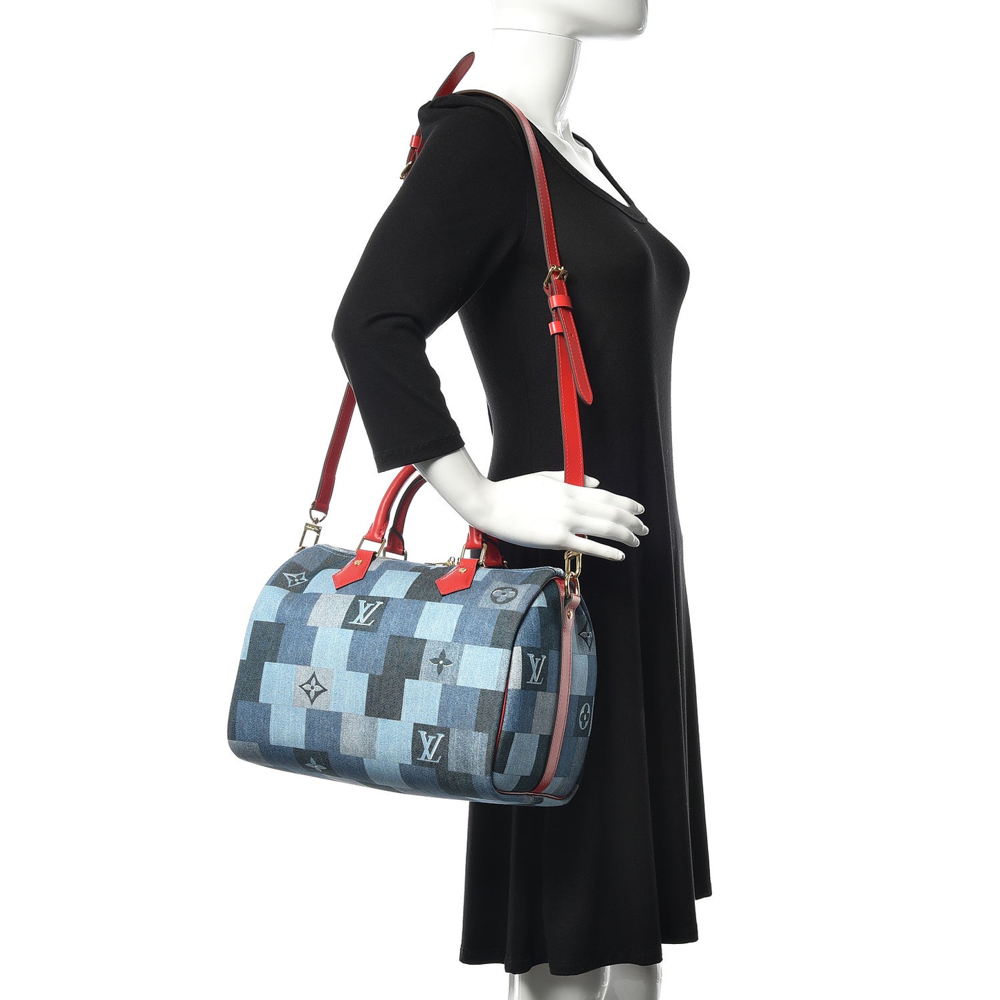Denim Damier Monogram Patchwork Speedy Bandouliere 30 Blue Rouge