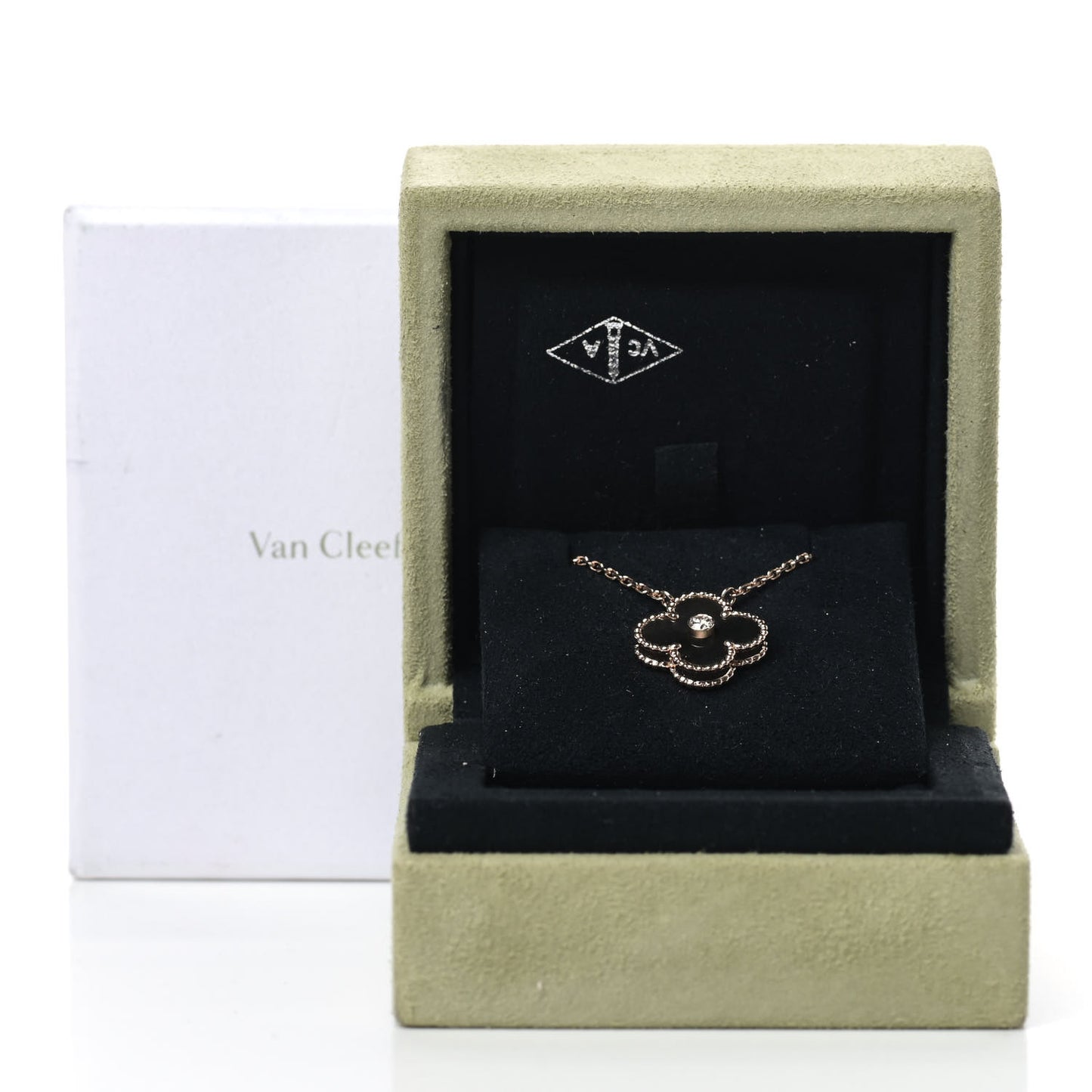 18K Rose Gold Diamond Grey Mother of Pearl Vintage Alhambra Pendant Necklace