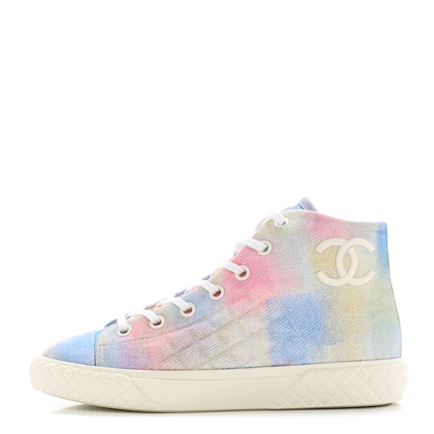 Printed Fabric Quilted High Top Sneakers 38.5 Green Pink Blue