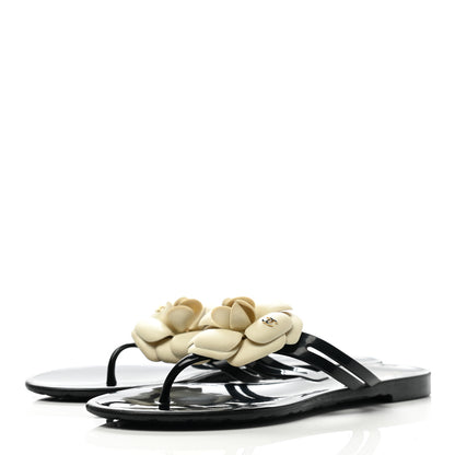 Chanel Jelly Camellia Thong Sandals 37 Black Ivory 3 of 9