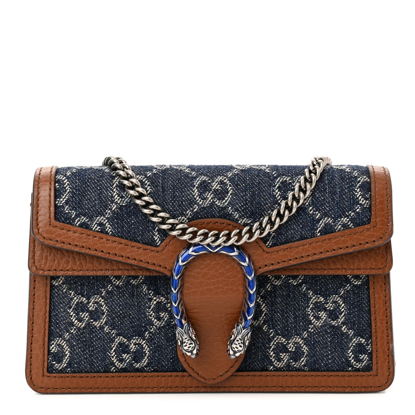 New Denim GG Monogram Dollar Calfskin Enamel Super Mini Dionysus Shoulder Bag Blue Tea Cuir Epilog Electric Blue