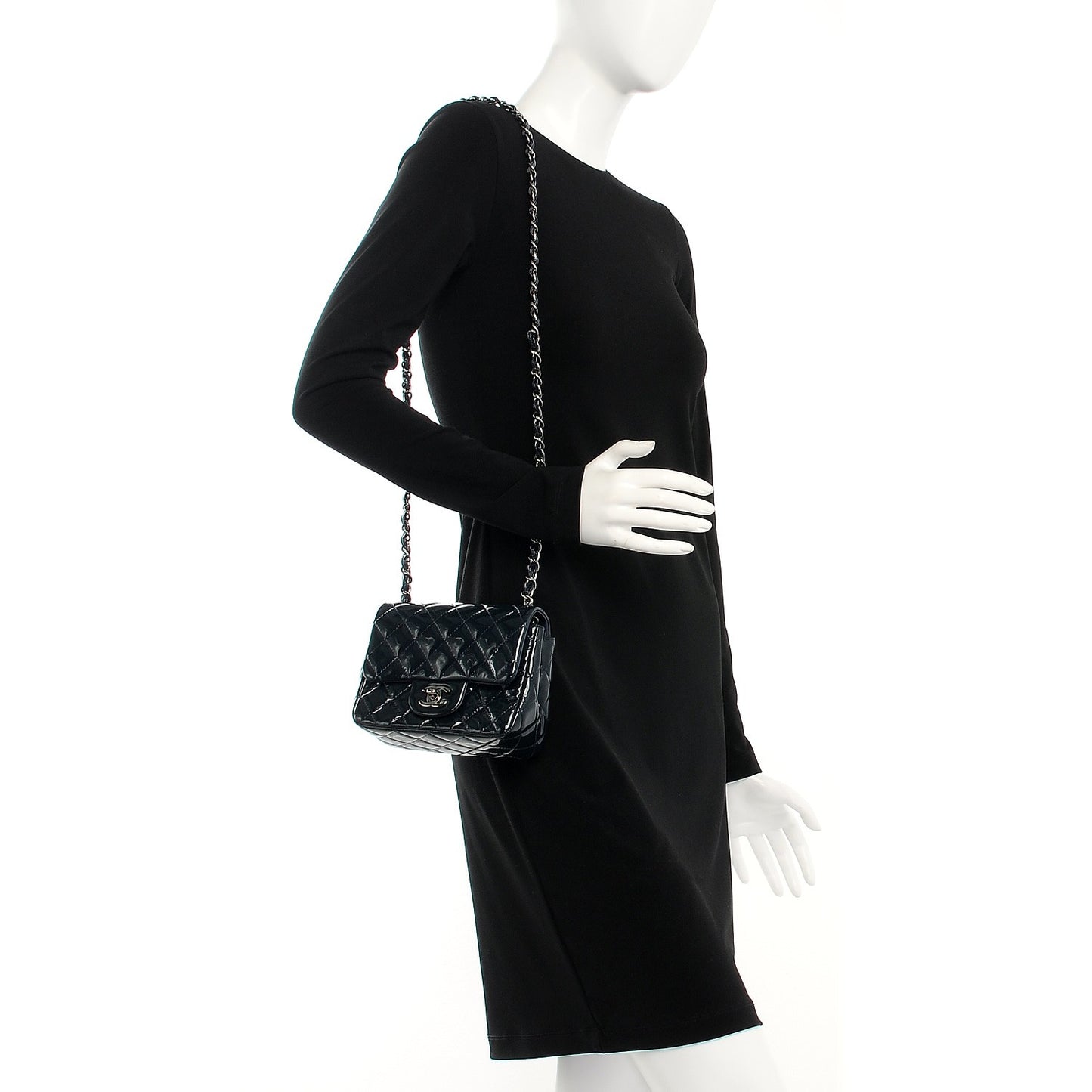 Patent Quilted Mini Square Flap Navy Blue