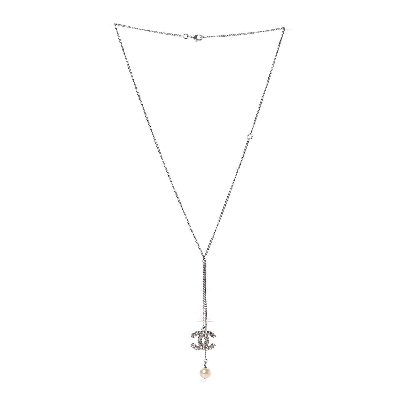 Baguette Crystal Pearl CC Lariat Necklace Silver
