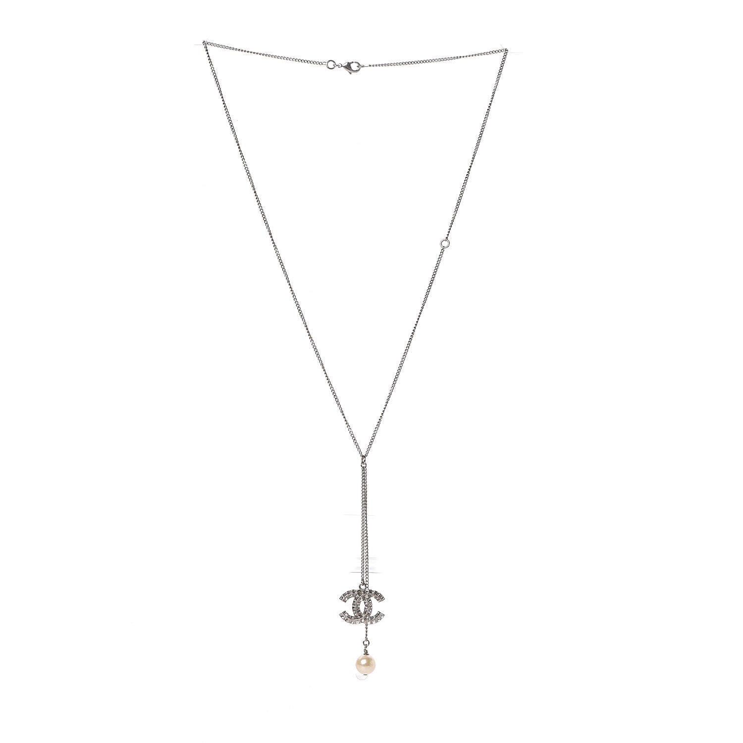 Chanel Baguette Crystal Pearl CC Lariat Necklace Silver 3 of 4