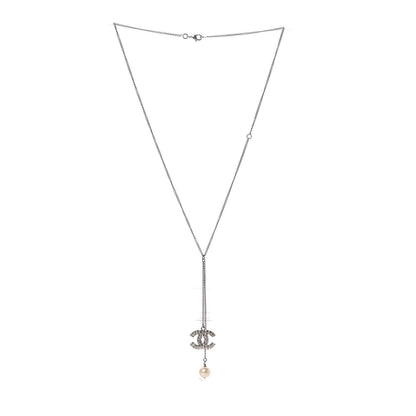 Chanel Baguette Crystal Pearl CC Lariat Necklace Silver 3 of 4